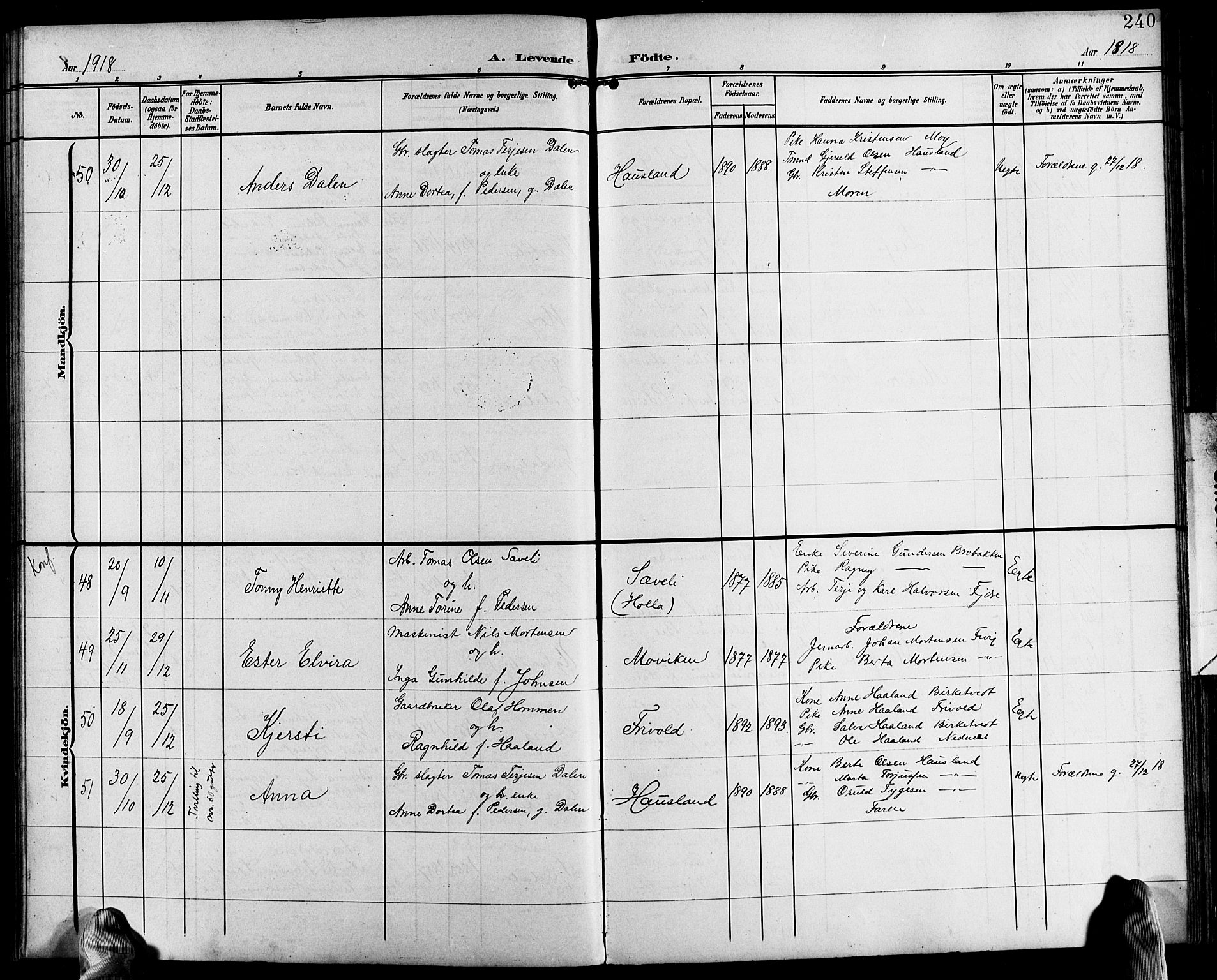 Fjære sokneprestkontor, SAK/1111-0011/F/Fb/L0012: Parish register (copy) no. B 12, 1902-1925, p. 240