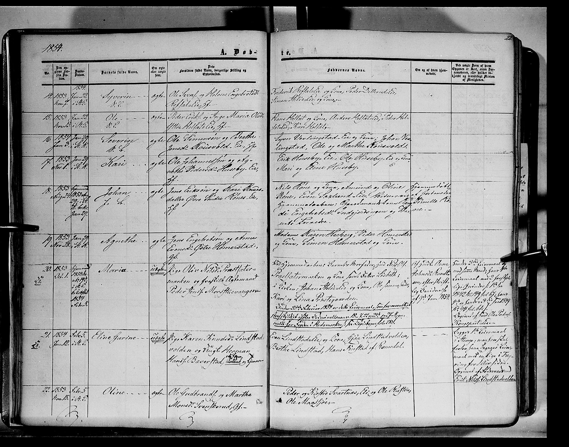 Stange prestekontor, SAH/PREST-002/K/L0012: Parish register (official) no. 12, 1852-1862, p. 22