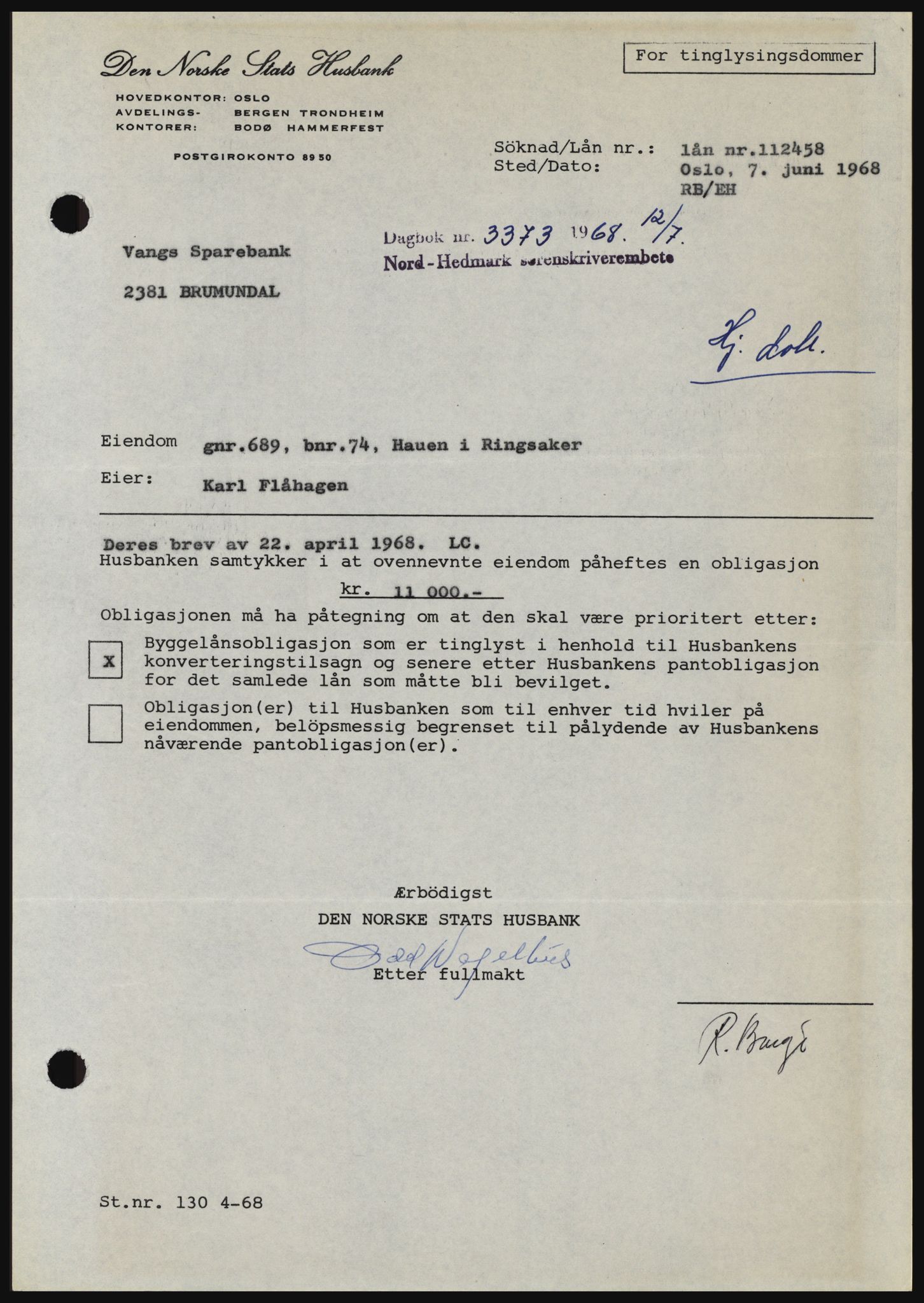 Nord-Hedmark sorenskriveri, SAH/TING-012/H/Hc/L0028: Mortgage book no. 28, 1968-1968, Diary no: : 3373/1968