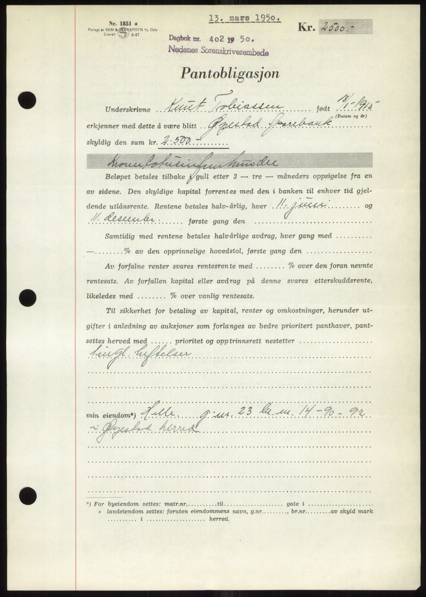 Nedenes sorenskriveri, AV/SAK-1221-0006/G/Gb/Gbb/L0007: Mortgage book no. B7, 1949-1950, Diary no: : 402/1950