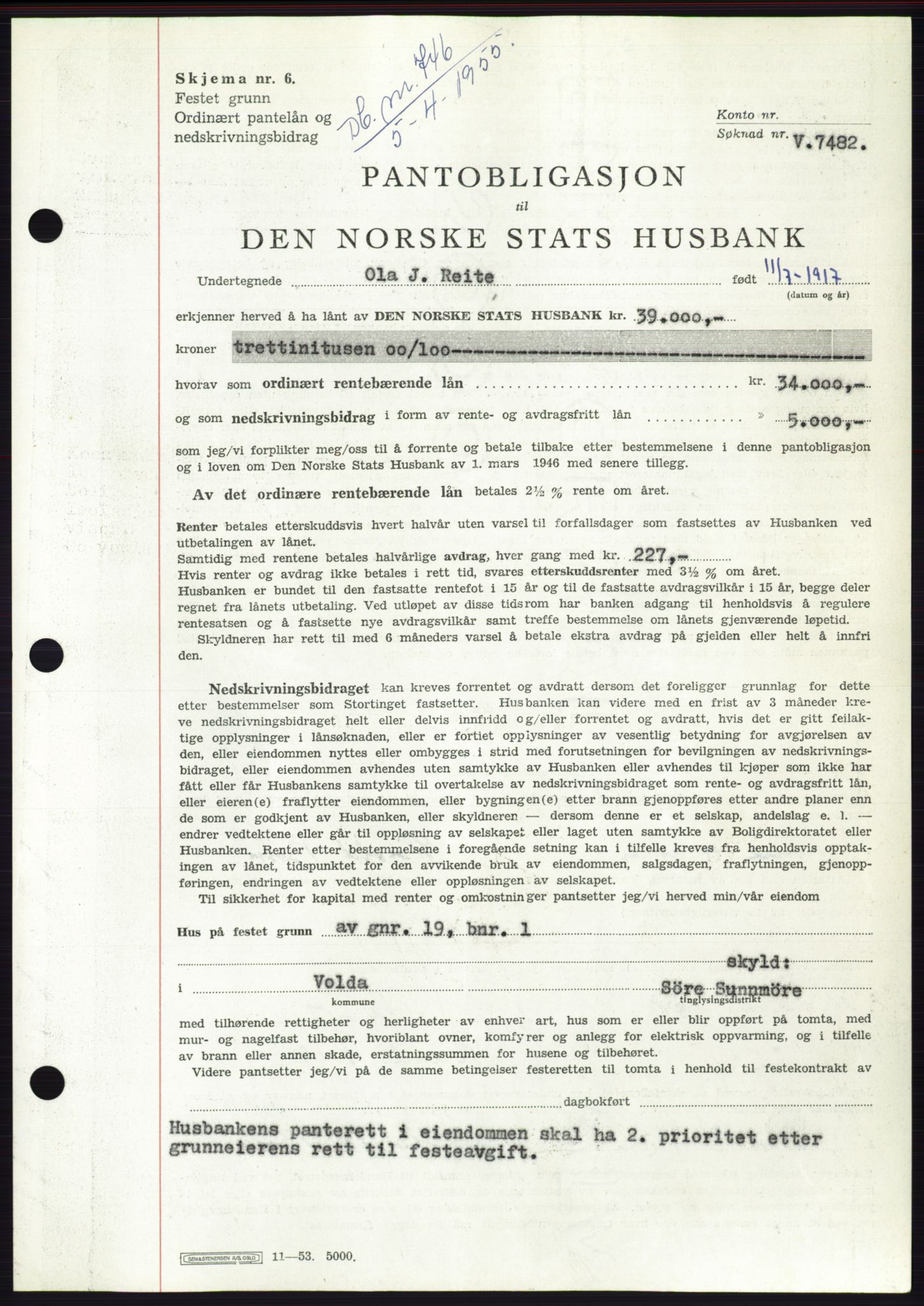 Søre Sunnmøre sorenskriveri, AV/SAT-A-4122/1/2/2C/L0126: Mortgage book no. 14B, 1954-1955, Diary no: : 746/1955