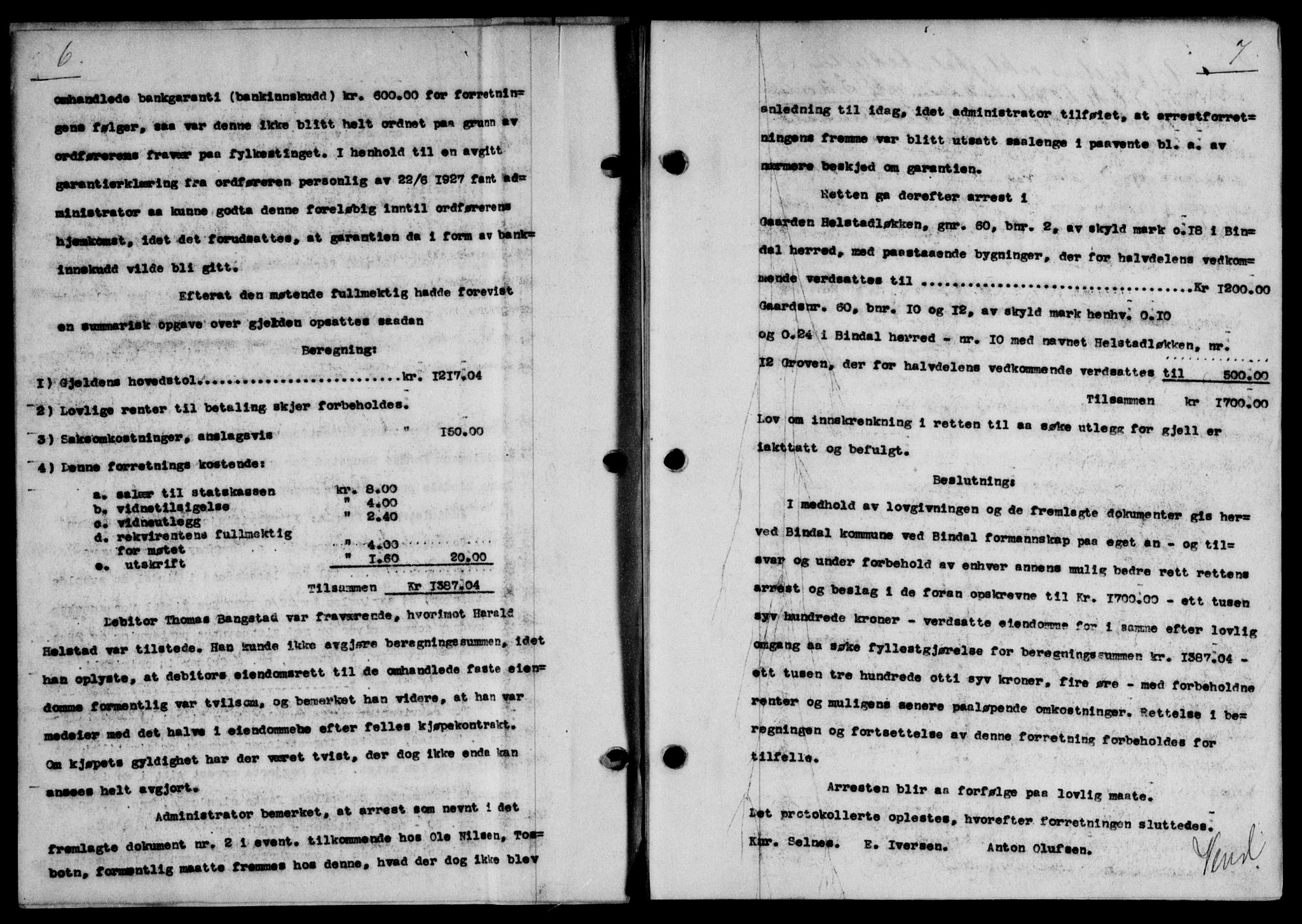 Brønnøy sorenskriveri, SAT/A-4170/1/2/2C/L0006: Mortgage book no. 6, 1927-1928, p. 6-7, Deed date: 01.08.1927