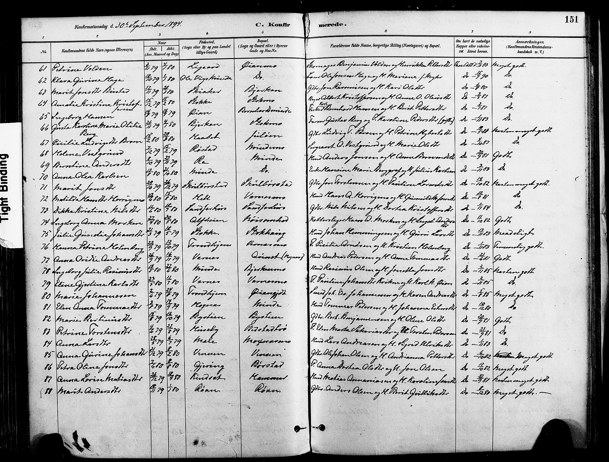 Ministerialprotokoller, klokkerbøker og fødselsregistre - Nord-Trøndelag, AV/SAT-A-1458/709/L0077: Parish register (official) no. 709A17, 1880-1895, p. 151