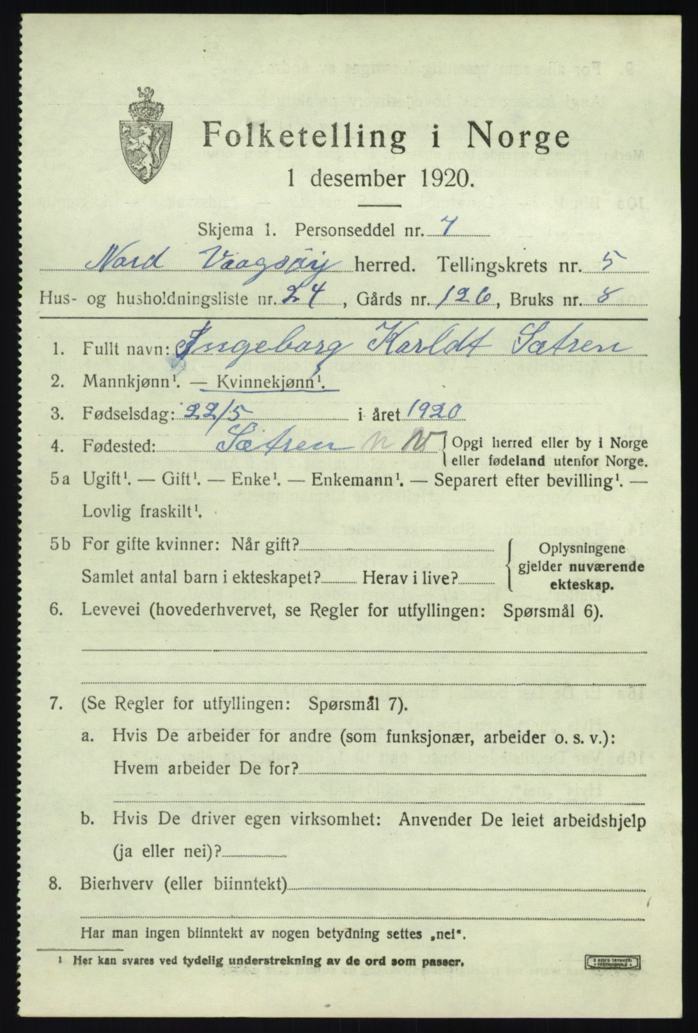 SAB, 1920 census for Nord-Vågsøy, 1920, p. 2242