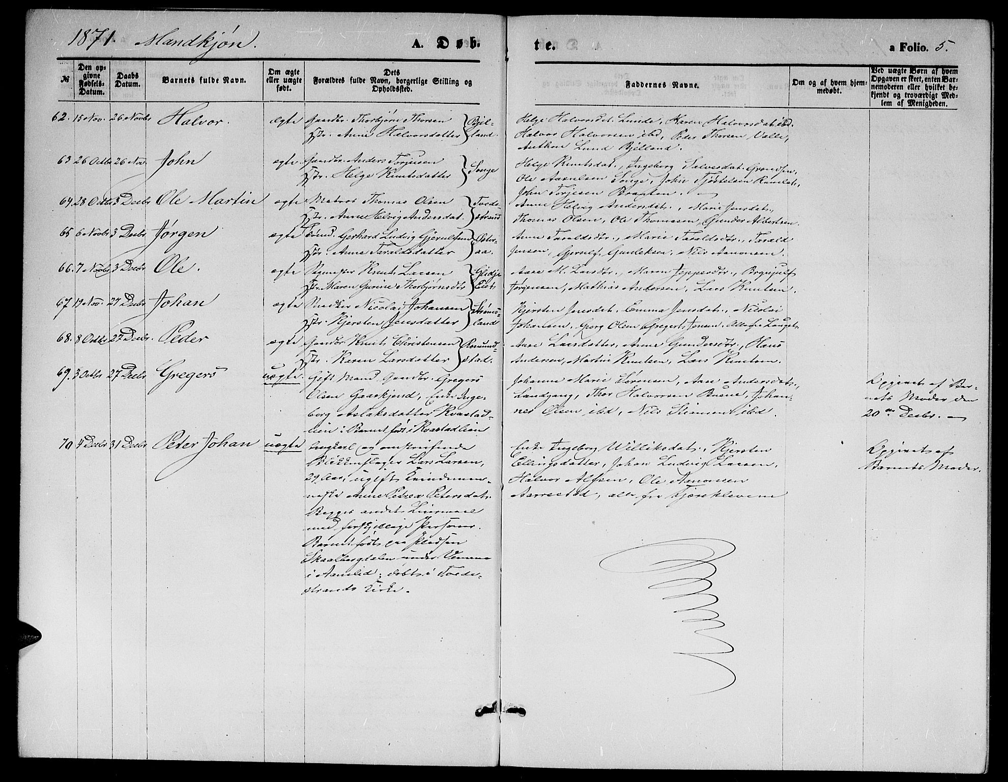 Holt sokneprestkontor, AV/SAK-1111-0021/F/Fb/L0009: Parish register (copy) no. B 9, 1871-1883, p. 5