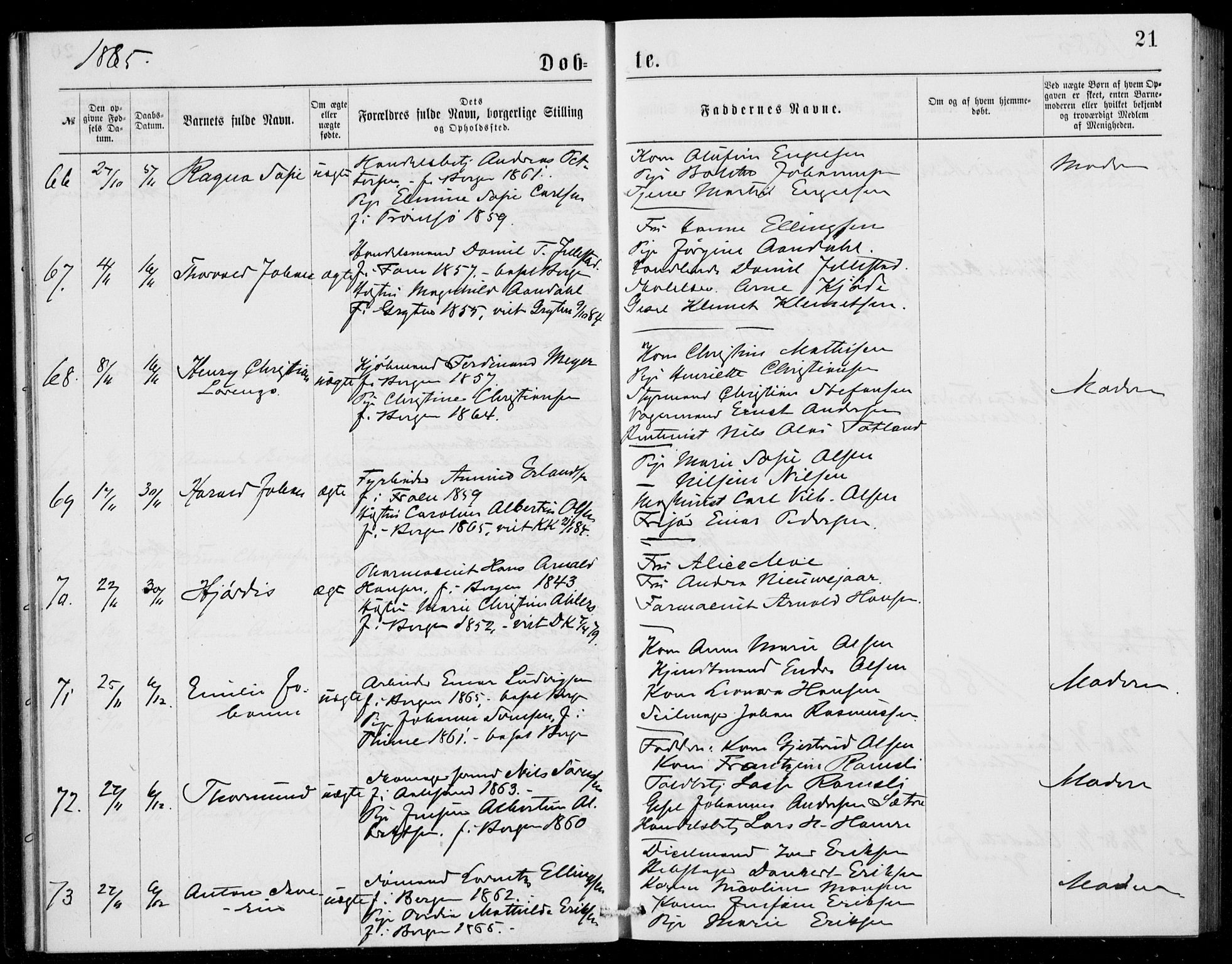 Fødselsstiftelsens sokneprestembete, ført av overlegen*, SAB/-: Parish register (official) no. A 2, 1884-1900, p. 21