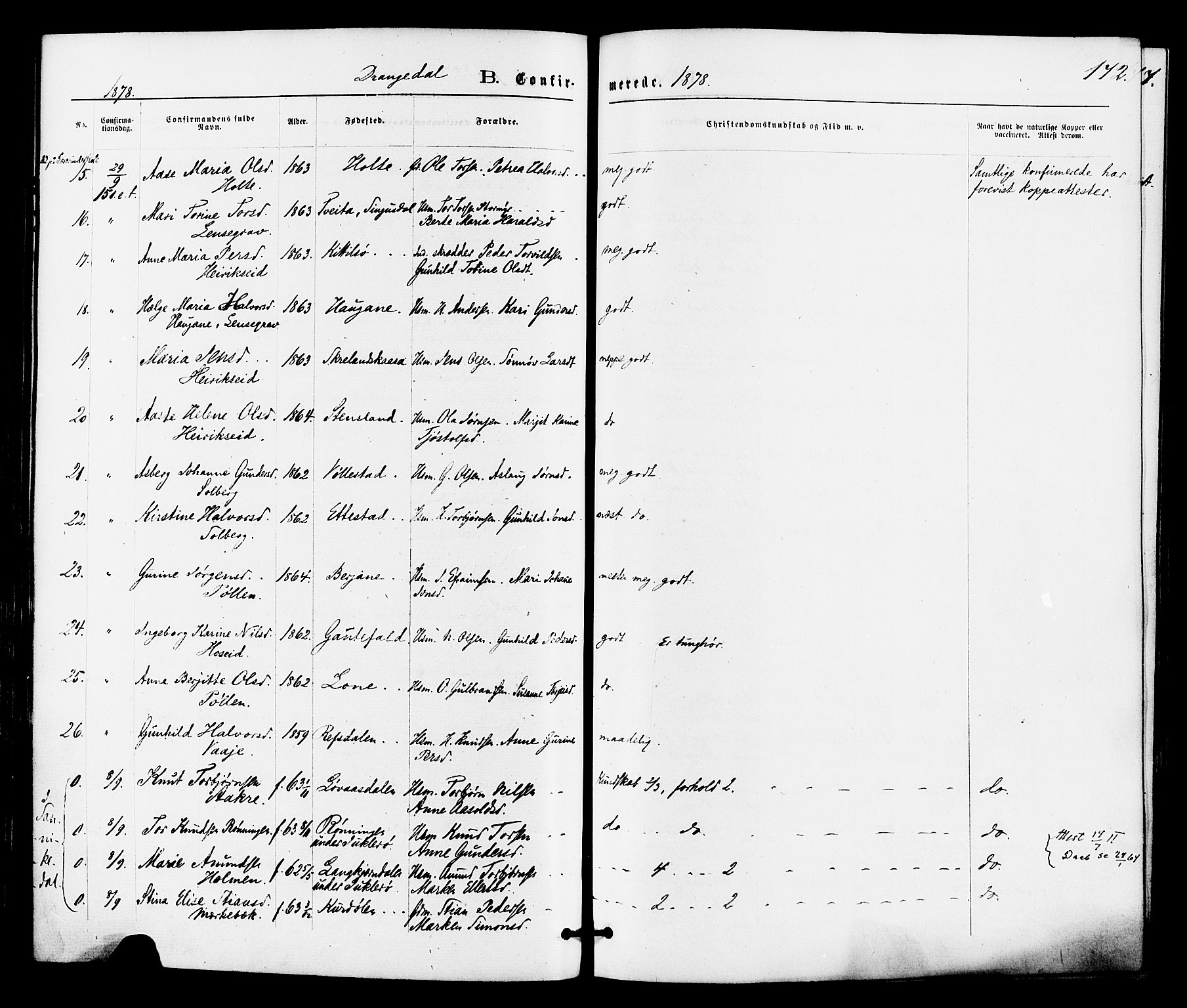 Drangedal kirkebøker, SAKO/A-258/F/Fa/L0009: Parish register (official) no. 9 /1, 1872-1884, p. 172