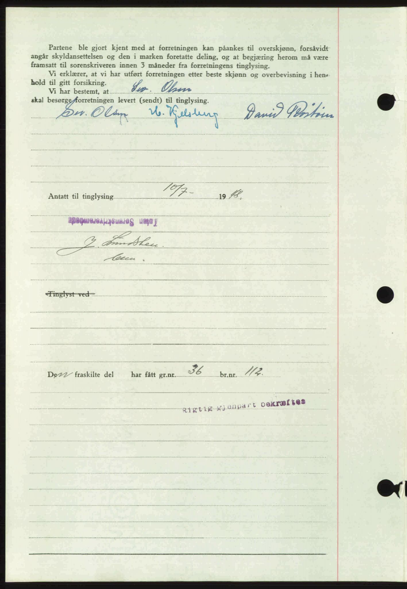 Toten tingrett, SAH/TING-006/H/Hb/Hbc/L0020: Mortgage book no. Hbc-20, 1948-1948, Diary no: : 2187/1948