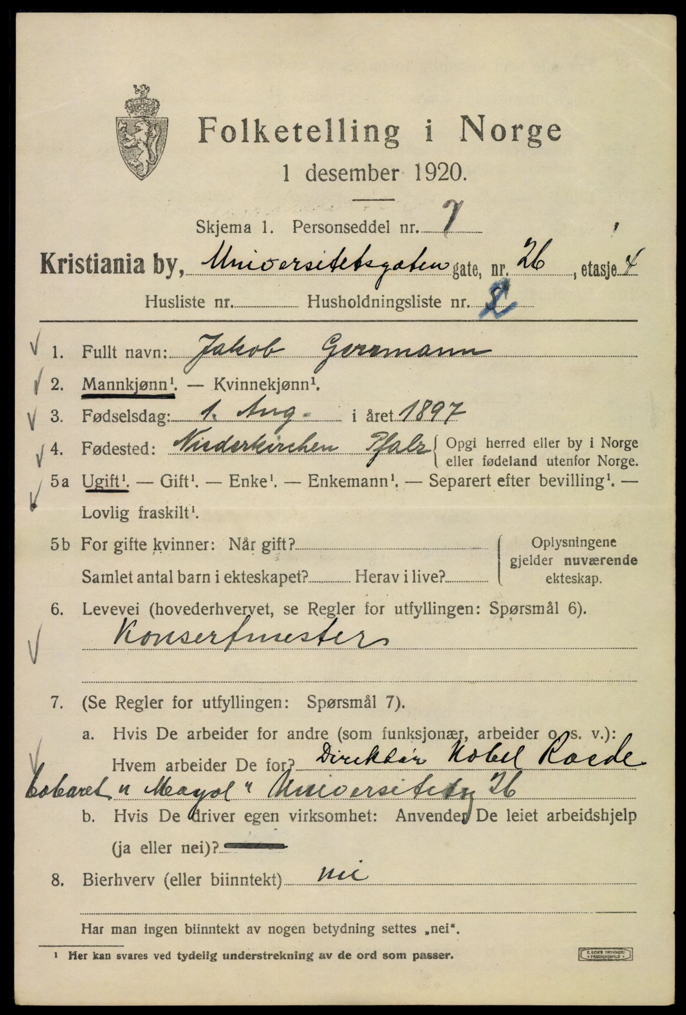 SAO, 1920 census for Kristiania, 1920, p. 618889