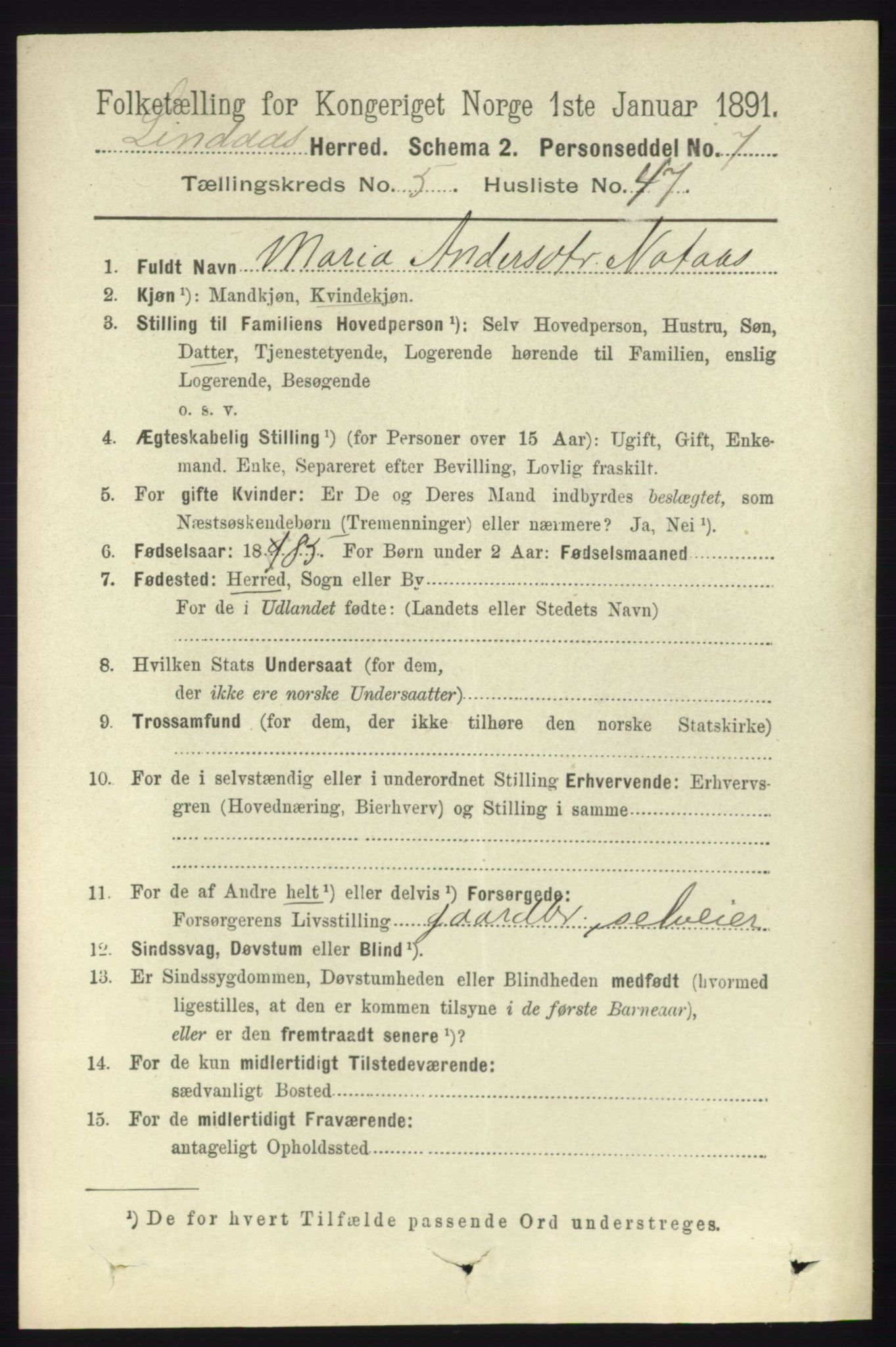 RA, 1891 census for 1263 Lindås, 1891, p. 1817