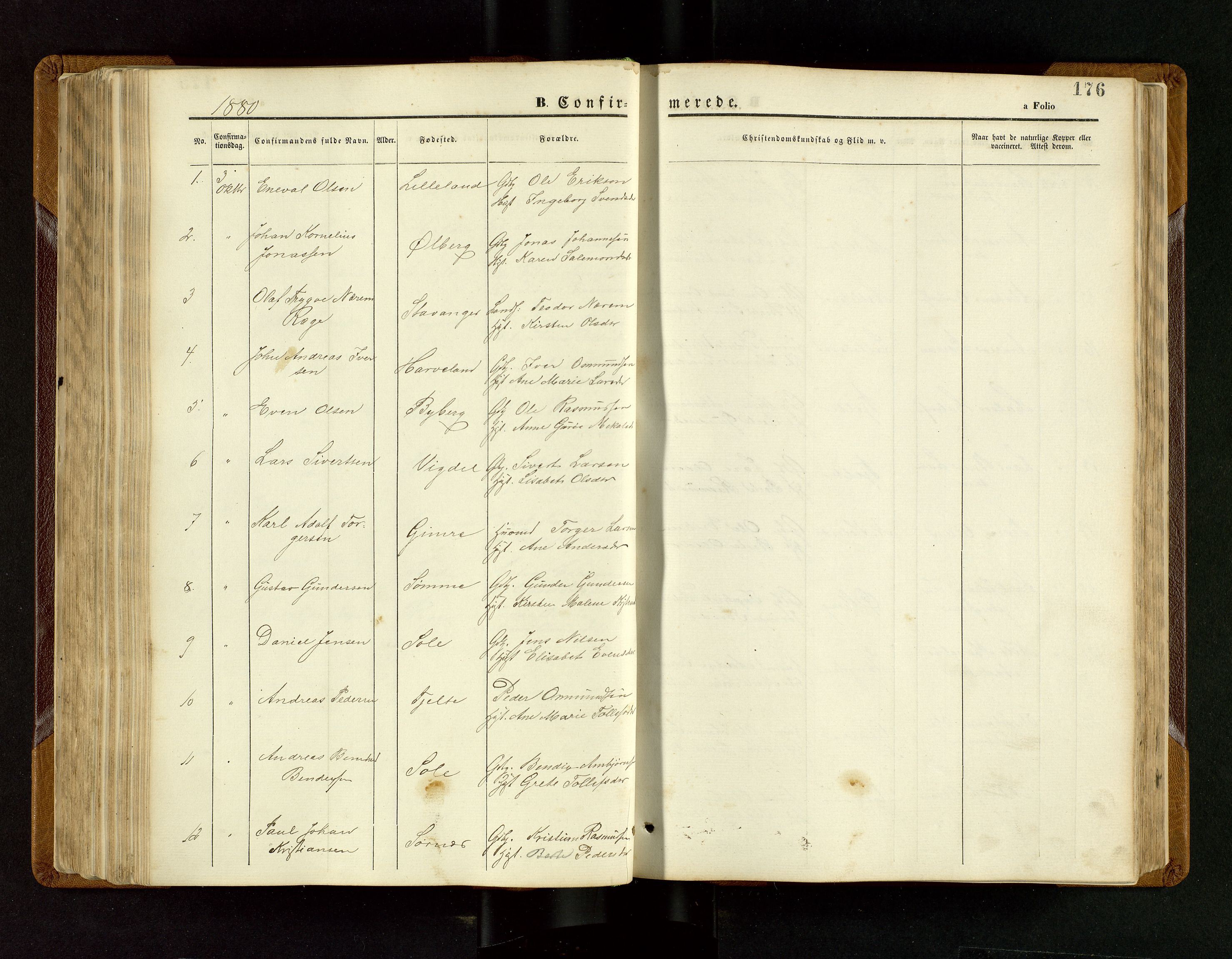 Håland sokneprestkontor, SAST/A-101802/001/30BB/L0003: Parish register (copy) no. B 3, 1873-1893, p. 176