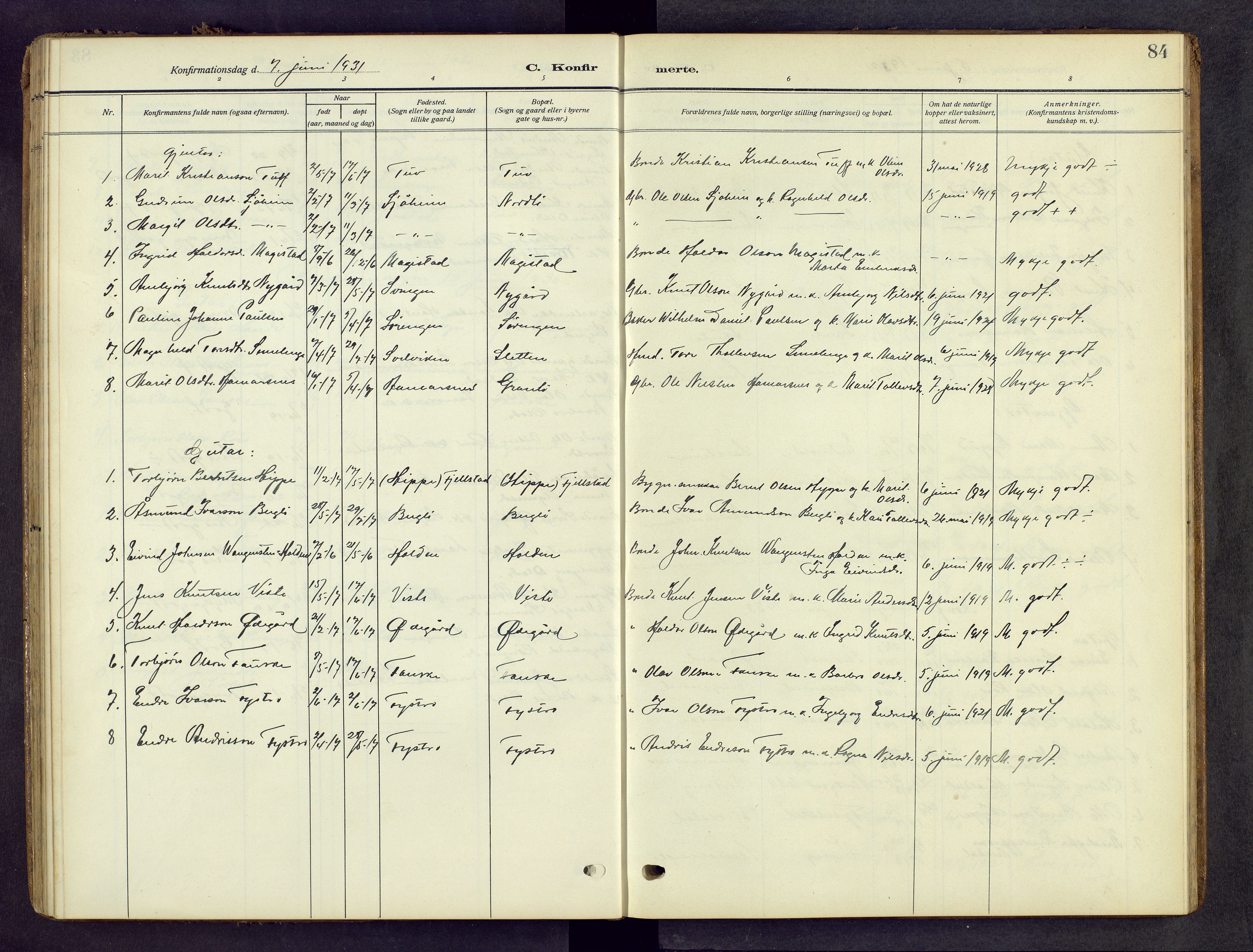 Vestre Slidre prestekontor, AV/SAH-PREST-136/H/Ha/Hab/L0008: Parish register (copy) no. 8, 1909-1952, p. 84