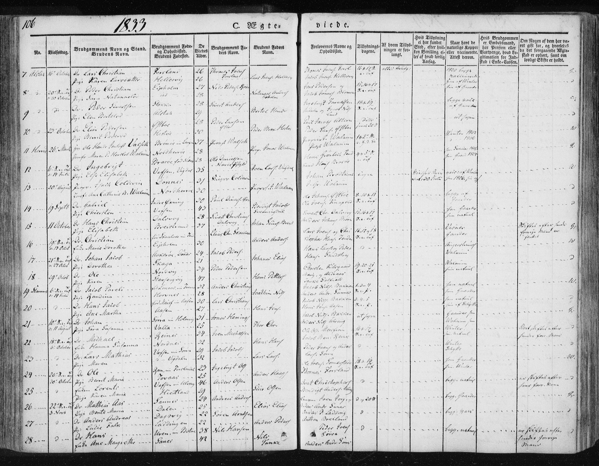 Ministerialprotokoller, klokkerbøker og fødselsregistre - Nordland, SAT/A-1459/830/L0447: Parish register (official) no. 830A11, 1831-1854, p. 106