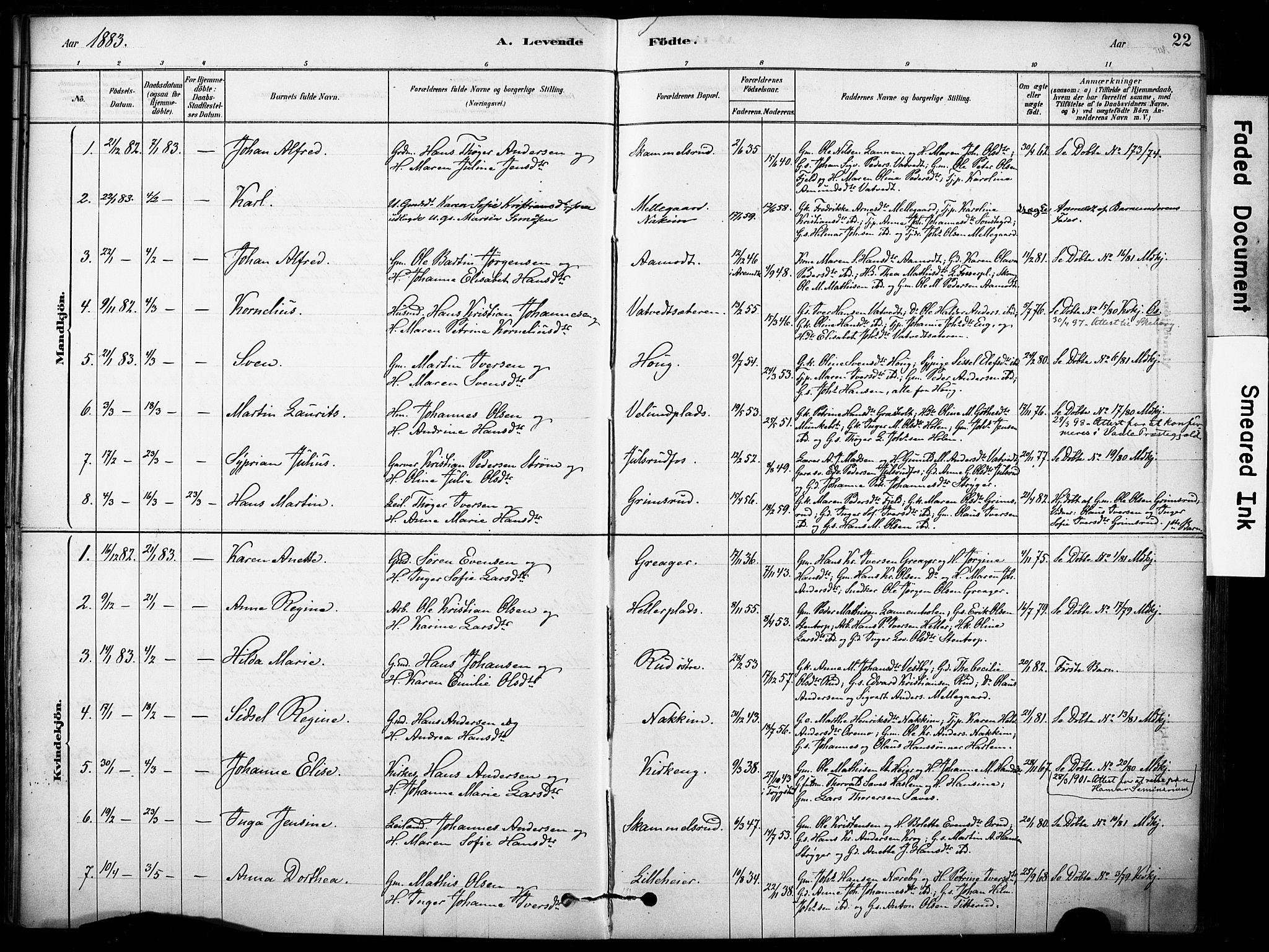 Rakkestad prestekontor Kirkebøker, AV/SAO-A-2008/F/Fb/L0001: Parish register (official) no. II 1, 1878-1899, p. 22