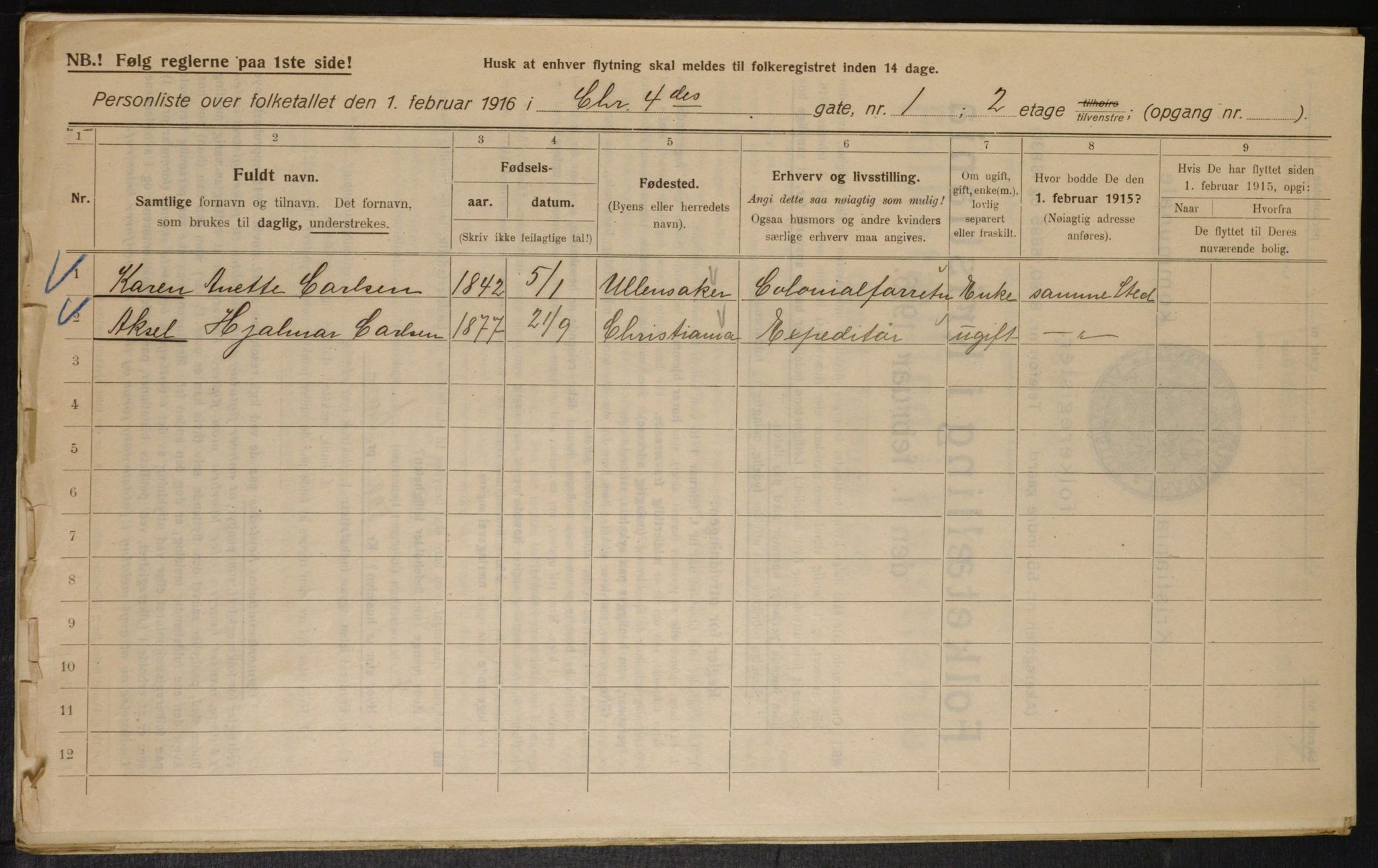 OBA, Municipal Census 1916 for Kristiania, 1916, p. 55285