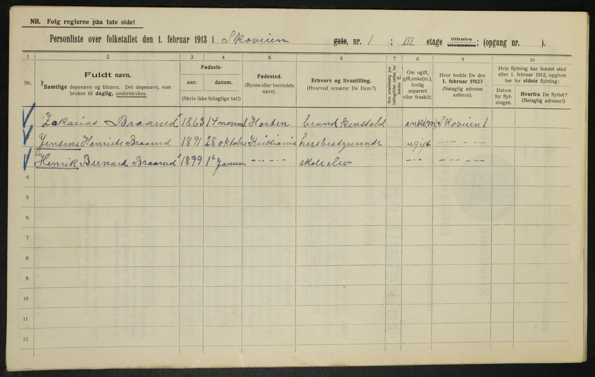 OBA, Municipal Census 1913 for Kristiania, 1913, p. 96399