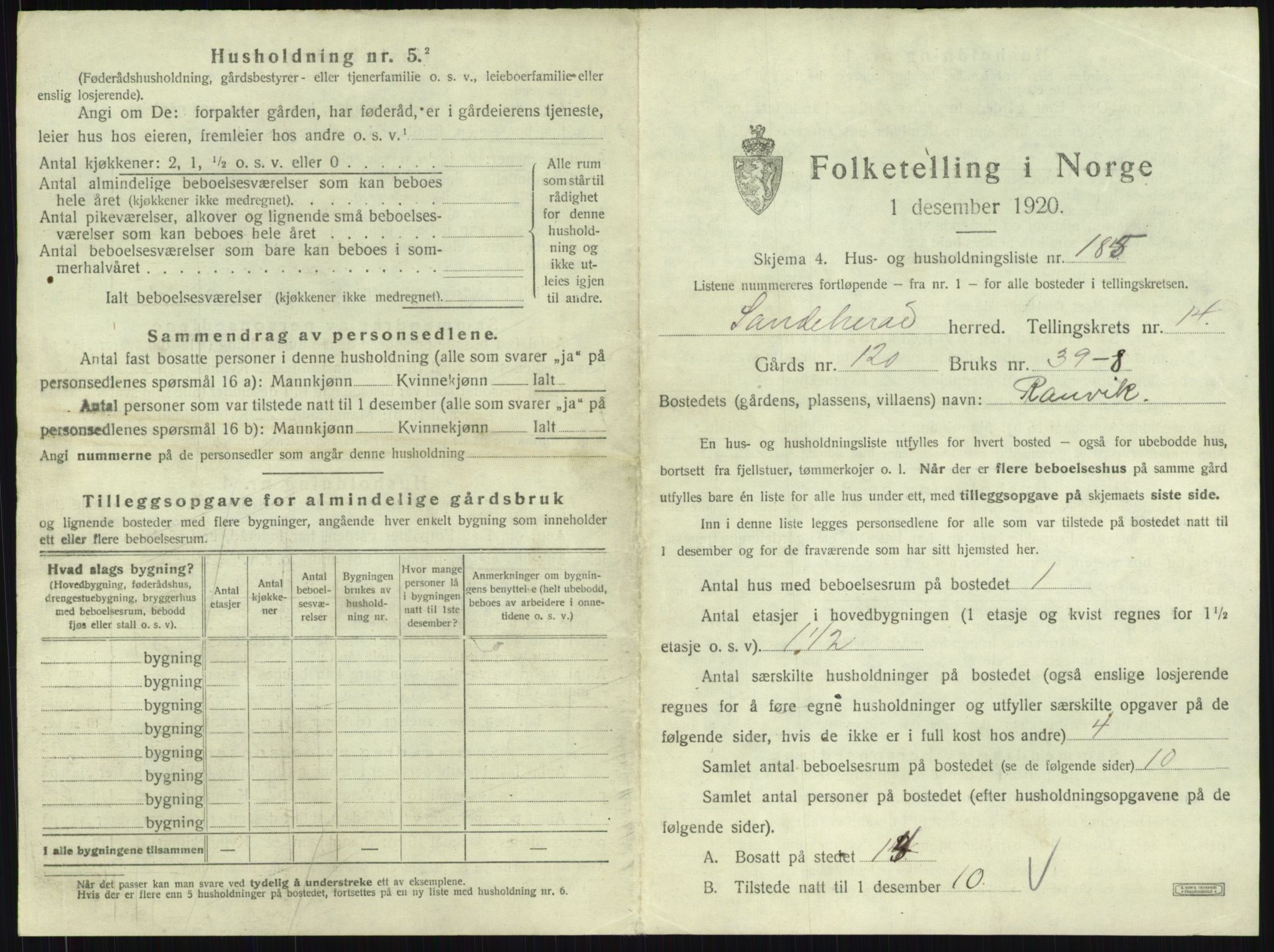 SAKO, 1920 census for Sandeherred, 1920, p. 3232