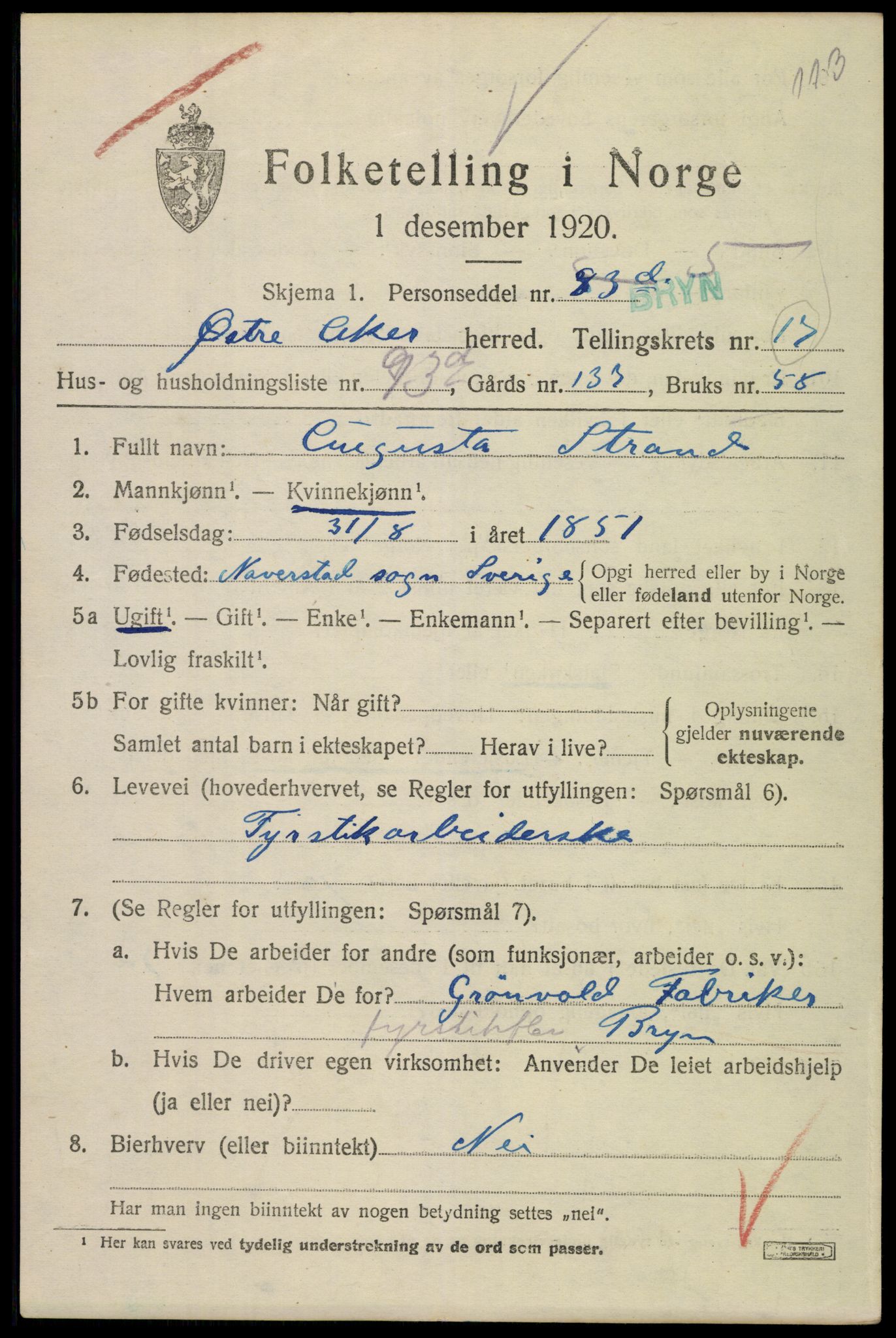 SAO, 1920 census for Aker, 1920, p. 104276