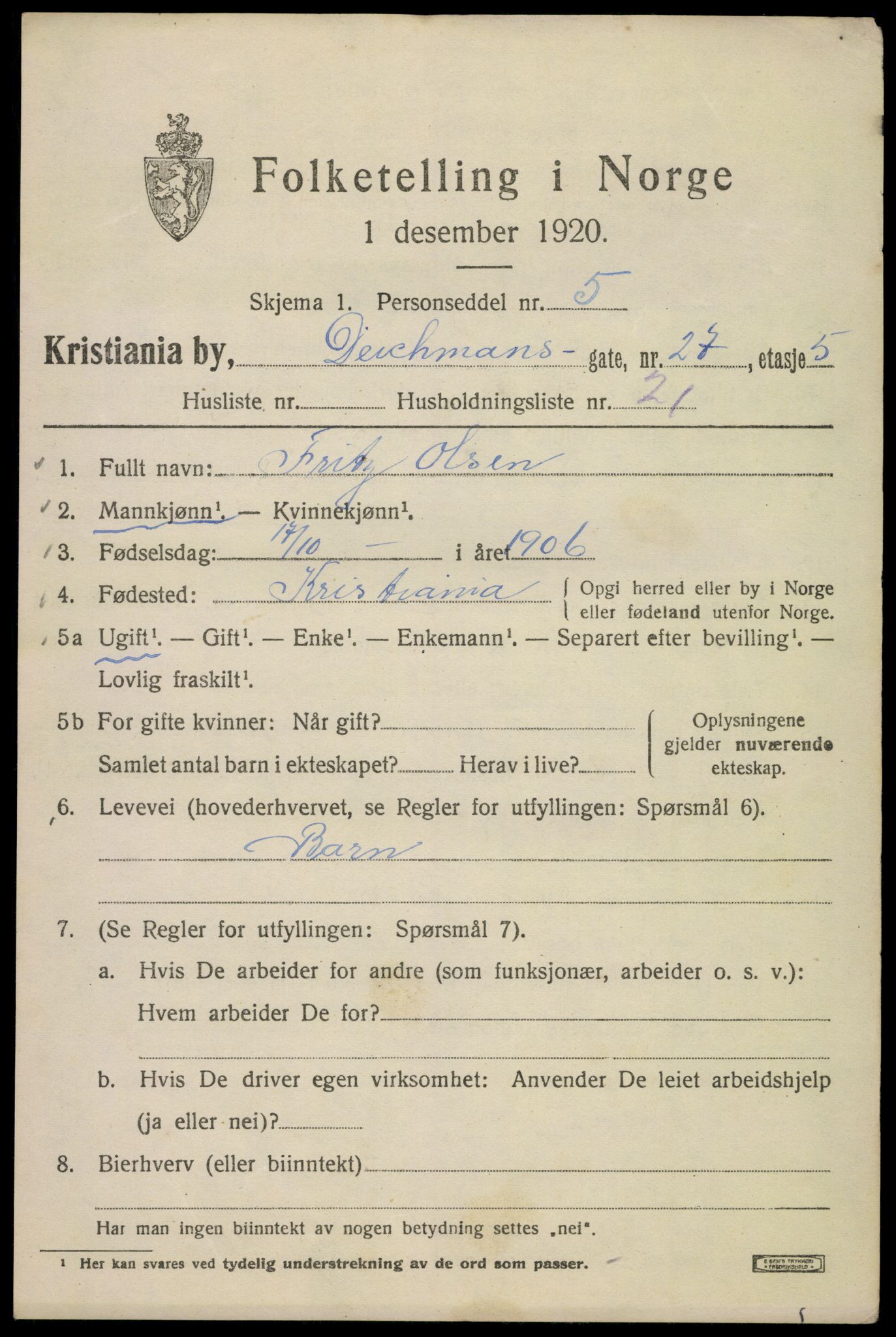 SAO, 1920 census for Kristiania, 1920, p. 199315