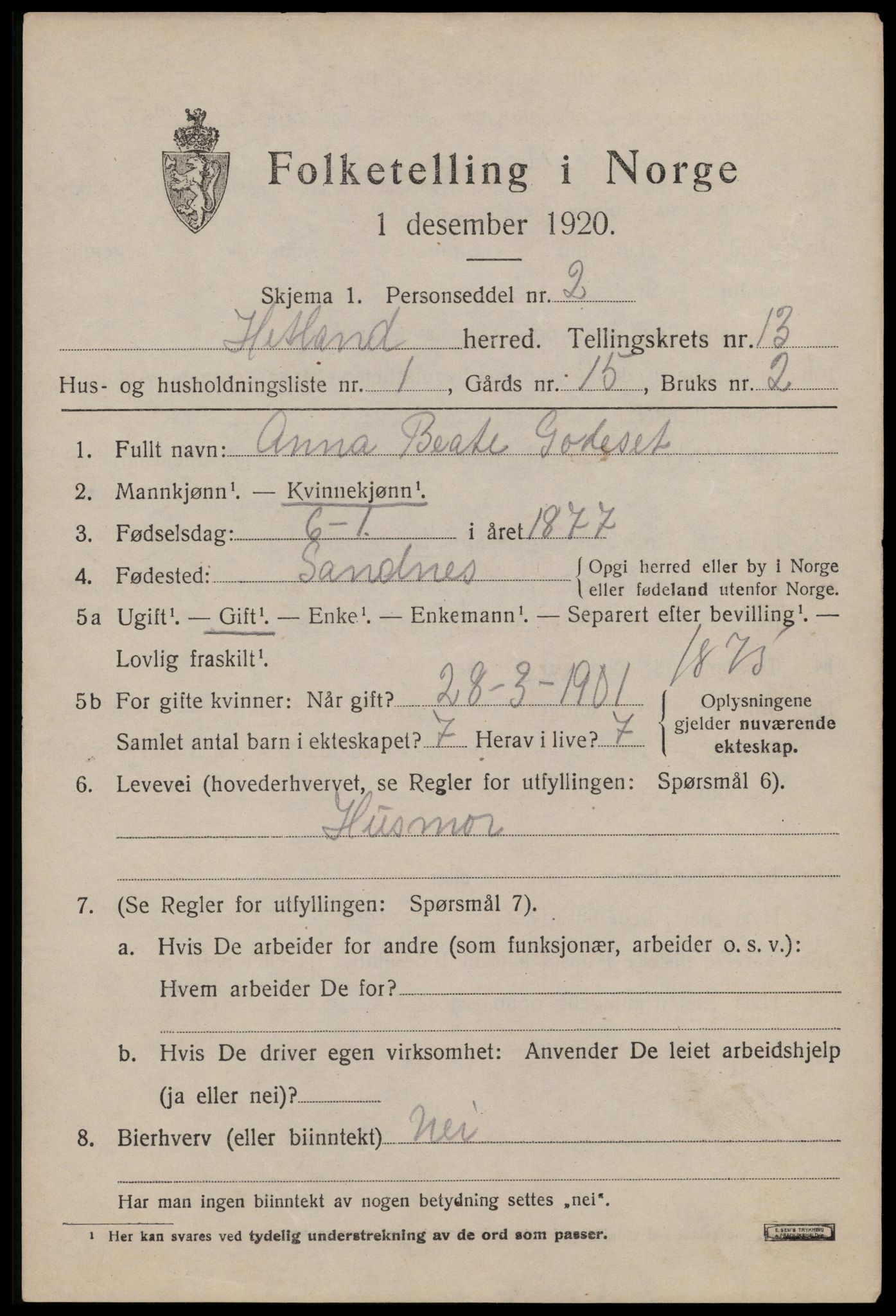 SAST, 1920 census for Hetland, 1920, p. 21645