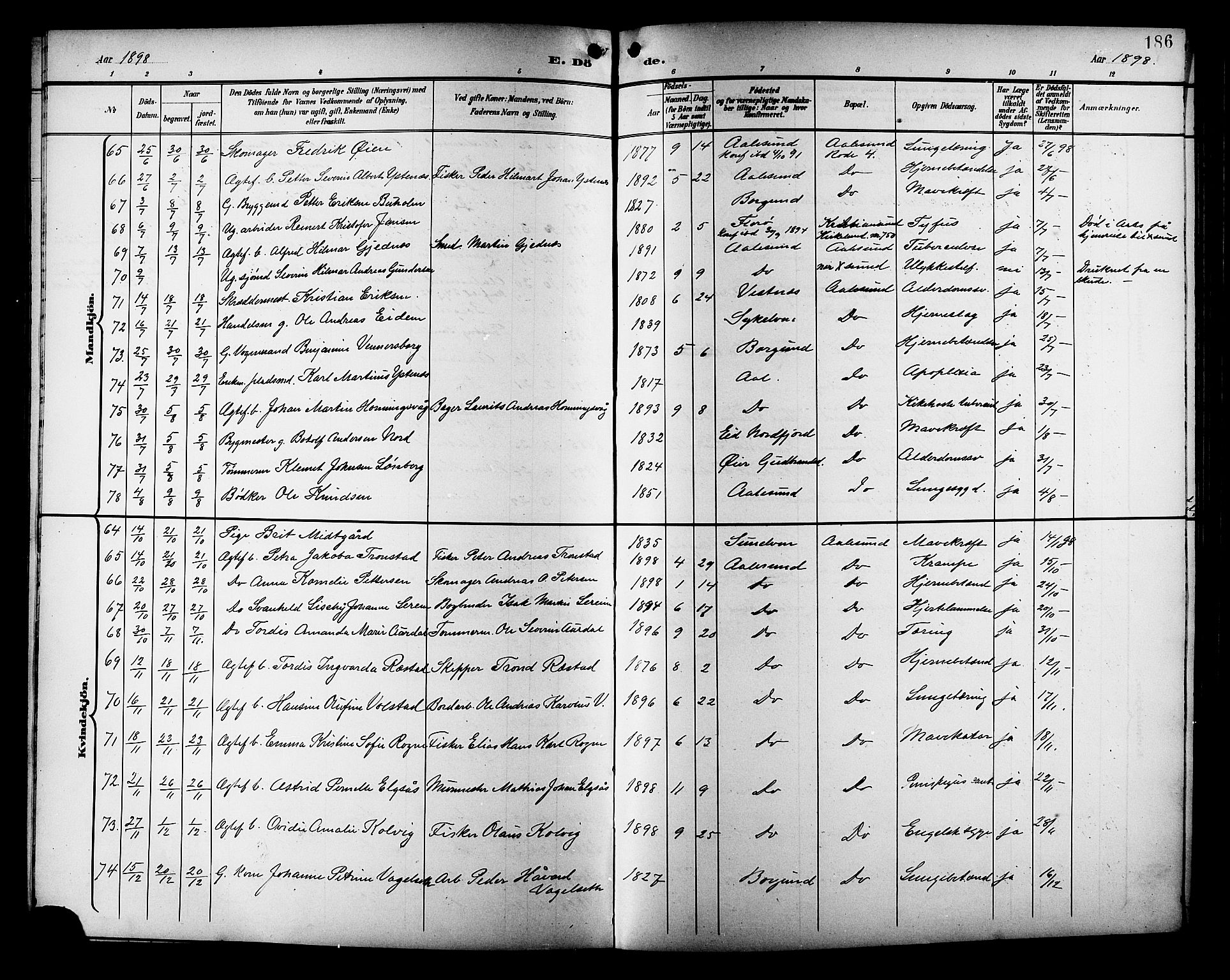 Ministerialprotokoller, klokkerbøker og fødselsregistre - Møre og Romsdal, AV/SAT-A-1454/529/L0469: Parish register (copy) no. 529C06, 1898-1906, p. 186