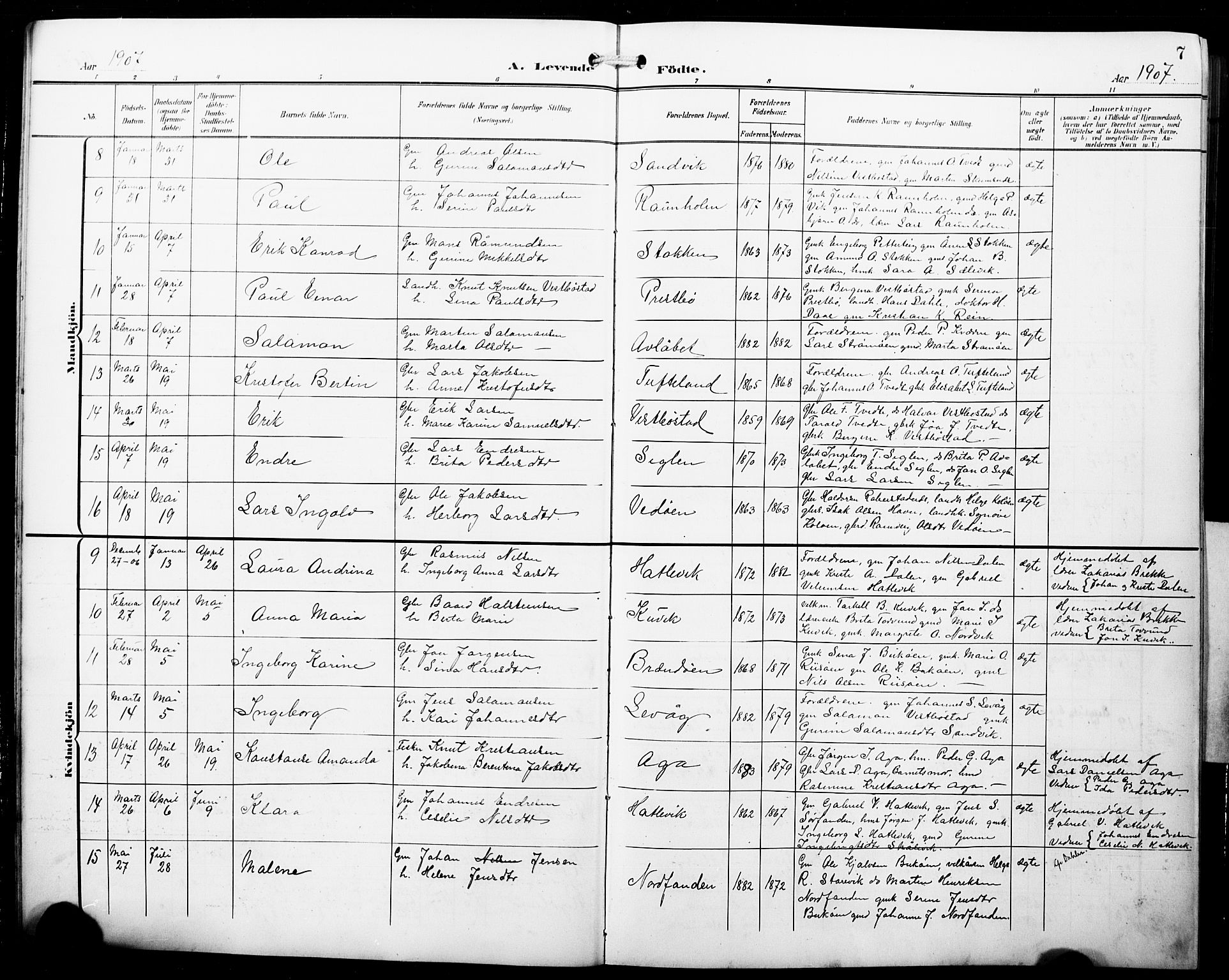 Fitjar sokneprestembete, AV/SAB-A-99926: Parish register (copy) no. B 1, 1906-1928, p. 7
