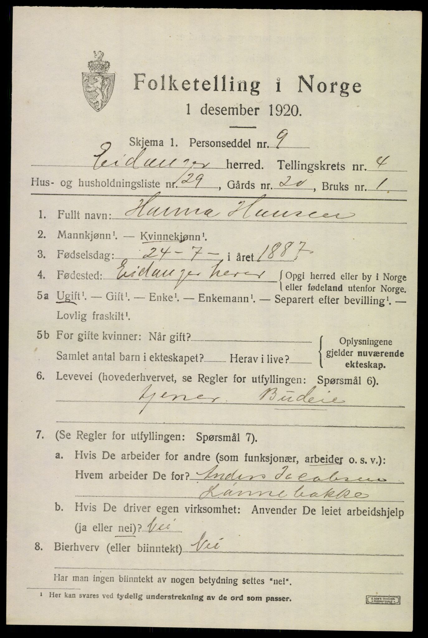SAKO, 1920 census for Eidanger, 1920, p. 4116