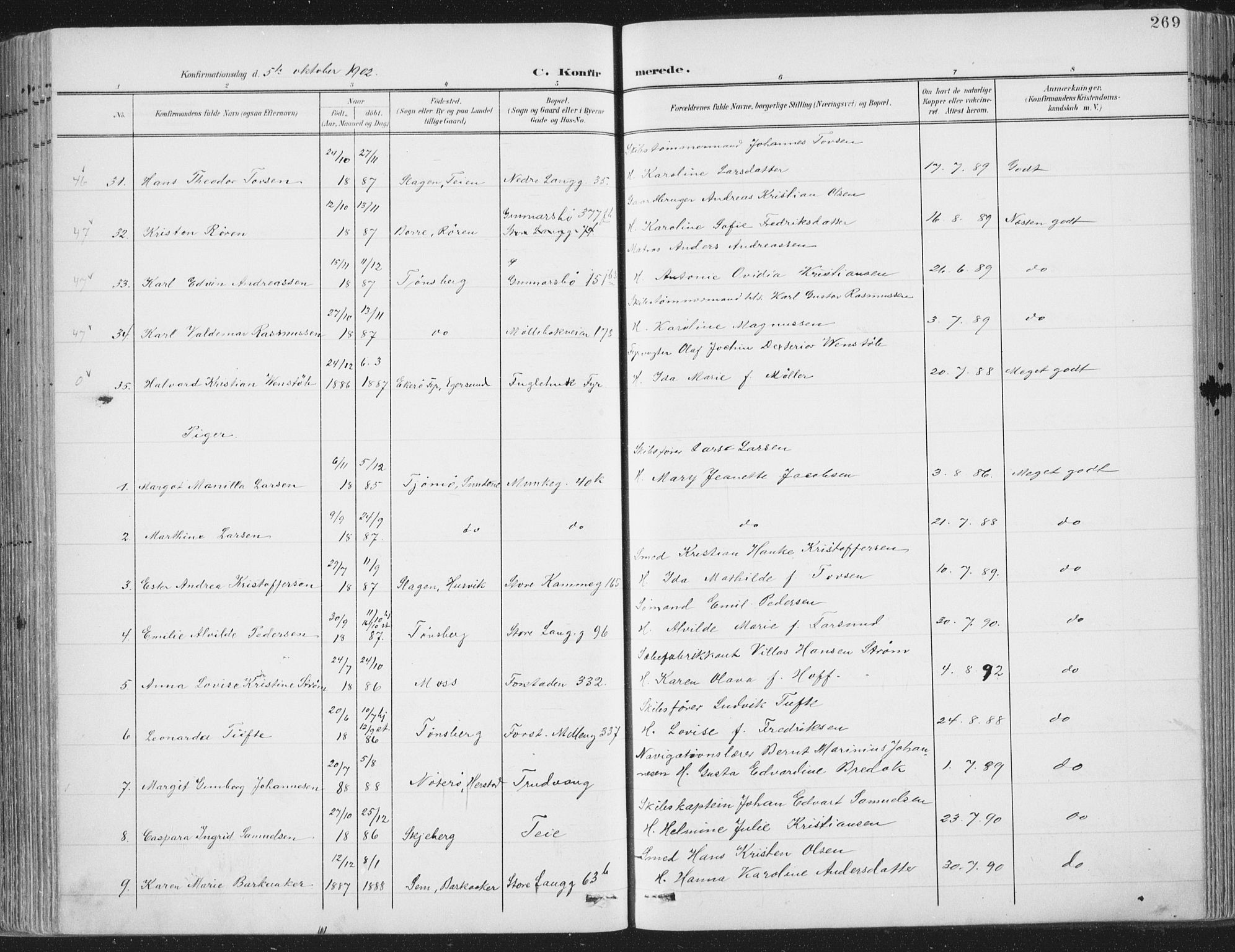 Tønsberg kirkebøker, AV/SAKO-A-330/F/Fa/L0014: Parish register (official) no. I 14, 1900-1913, p. 269