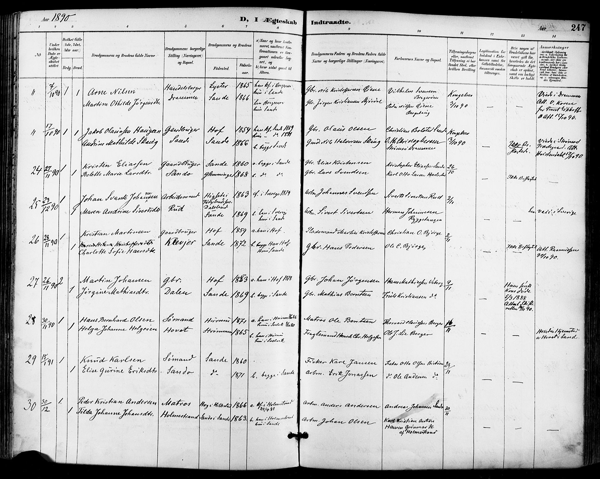 Sande Kirkebøker, AV/SAKO-A-53/F/Fa/L0007: Parish register (official) no. 7, 1888-1903, p. 247