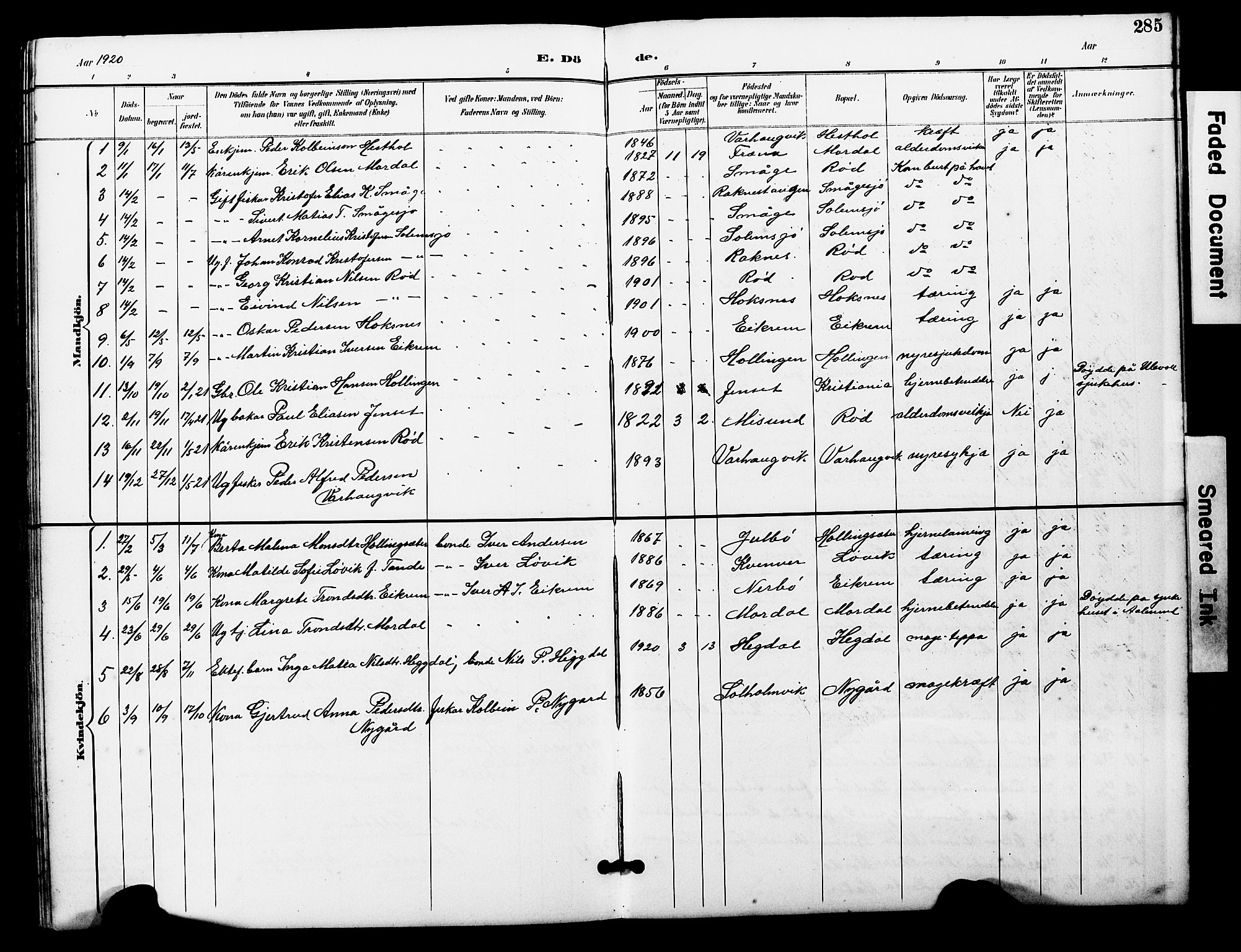 Ministerialprotokoller, klokkerbøker og fødselsregistre - Møre og Romsdal, SAT/A-1454/560/L0725: Parish register (copy) no. 560C02, 1895-1930, p. 285
