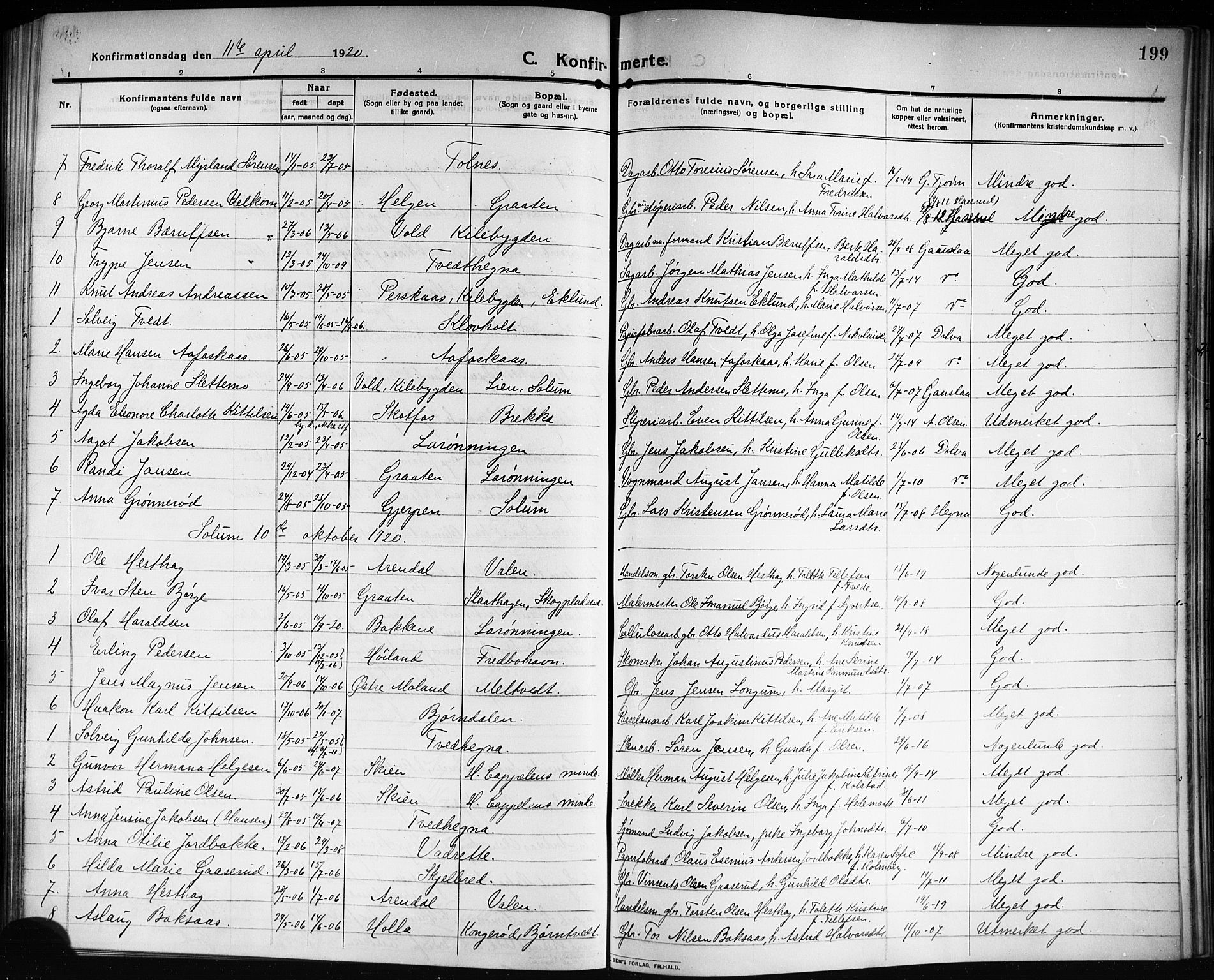 Solum kirkebøker, SAKO/A-306/G/Ga/L0009: Parish register (copy) no. I 9, 1909-1922, p. 199