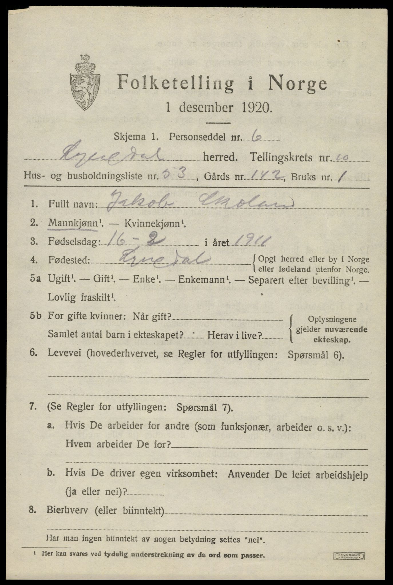 SAK, 1920 census for Lyngdal, 1920, p. 5283