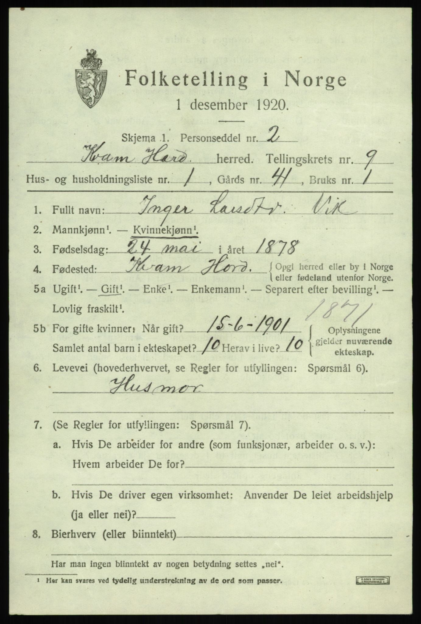 SAB, 1920 census for Kvam, 1920, p. 5647