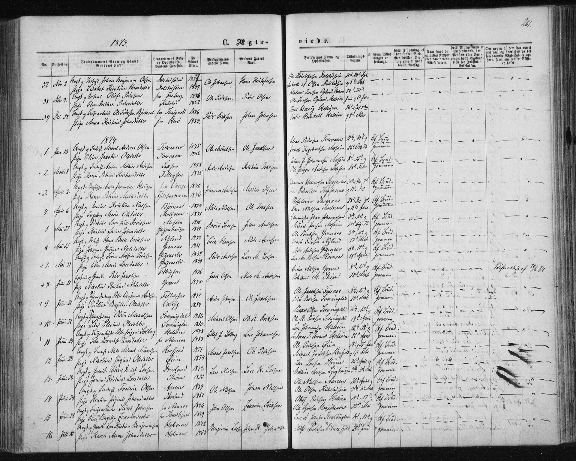 Ministerialprotokoller, klokkerbøker og fødselsregistre - Nordland, SAT/A-1459/820/L0294: Parish register (official) no. 820A15, 1866-1879, p. 261
