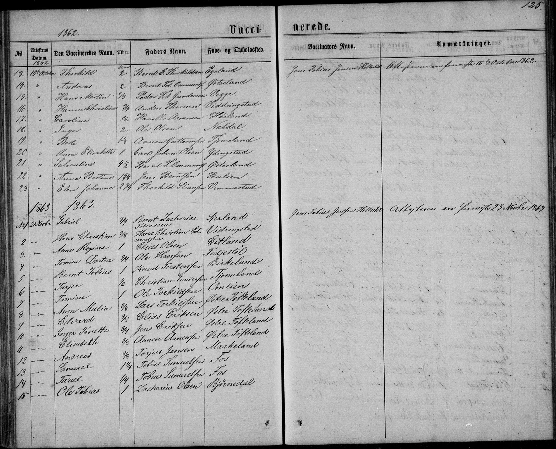 Lyngdal sokneprestkontor, SAK/1111-0029/F/Fa/Fab/L0002: Parish register (official) no. A 2, 1861-1878, p. 125