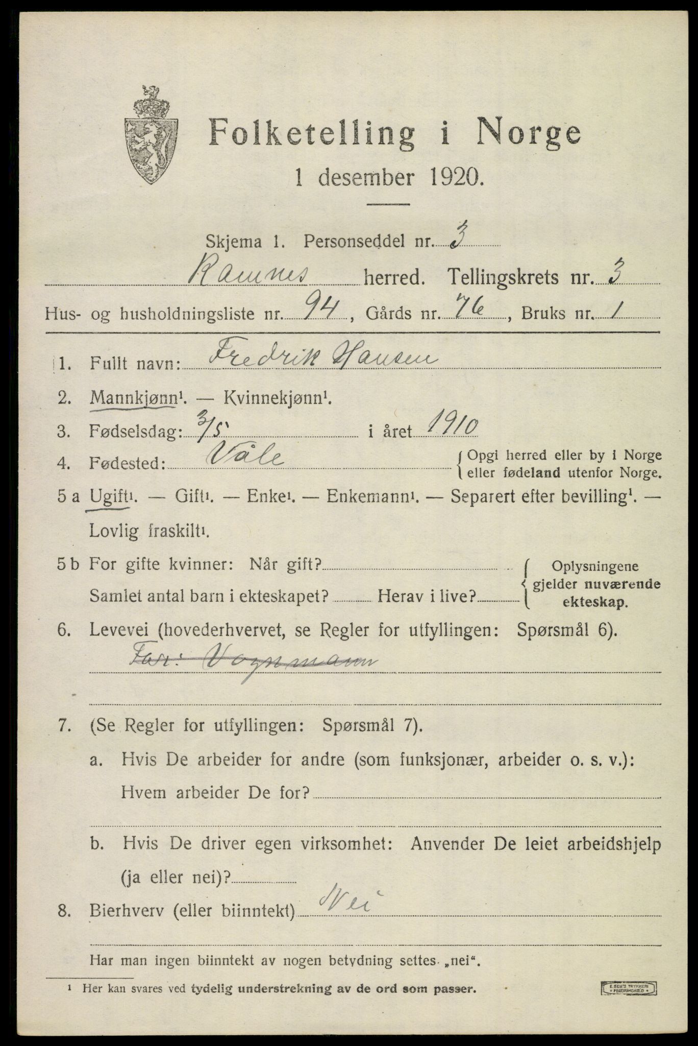 SAKO, 1920 census for Ramnes, 1920, p. 4316