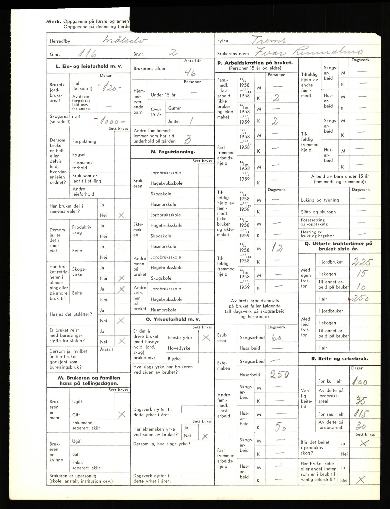 Statistisk sentralbyrå, Næringsøkonomiske emner, Jordbruk, skogbruk, jakt, fiske og fangst, AV/RA-S-2234/G/Gd/L0655: Troms: 1924 Målselv (kl. 4-10), 1959, p. 2209