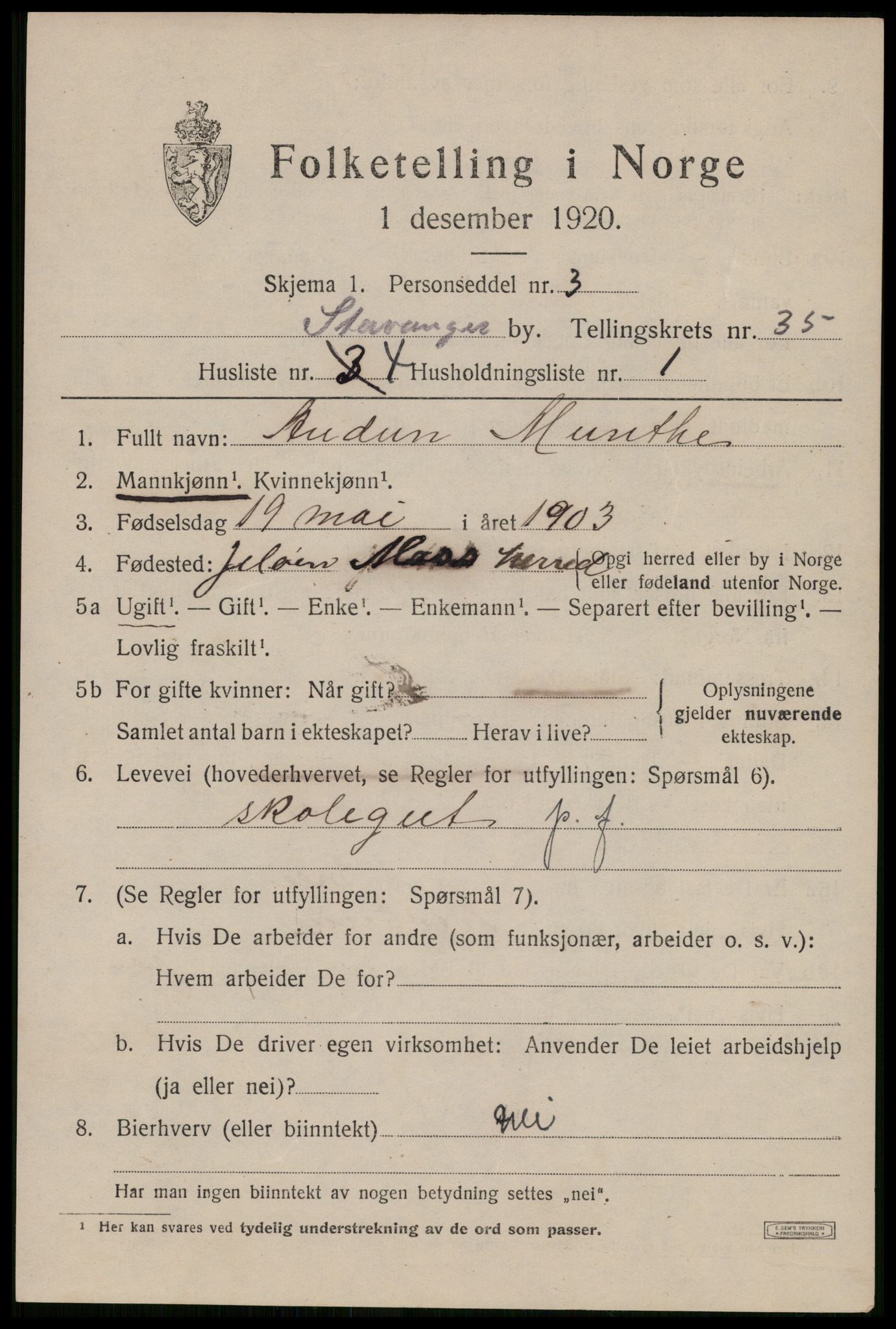 SAST, 1920 census for Stavanger, 1920, p. 93994