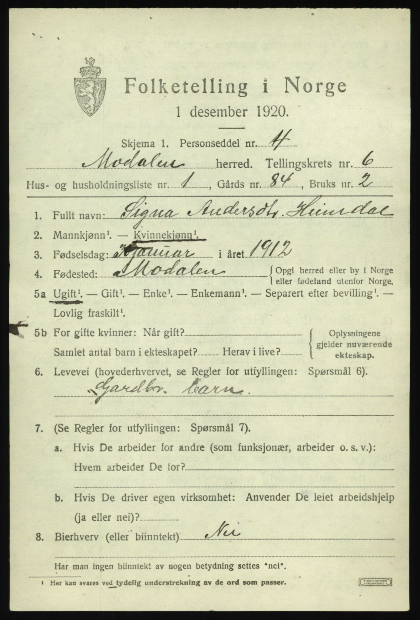 SAB, 1920 census for Modalen, 1920, p. 1130