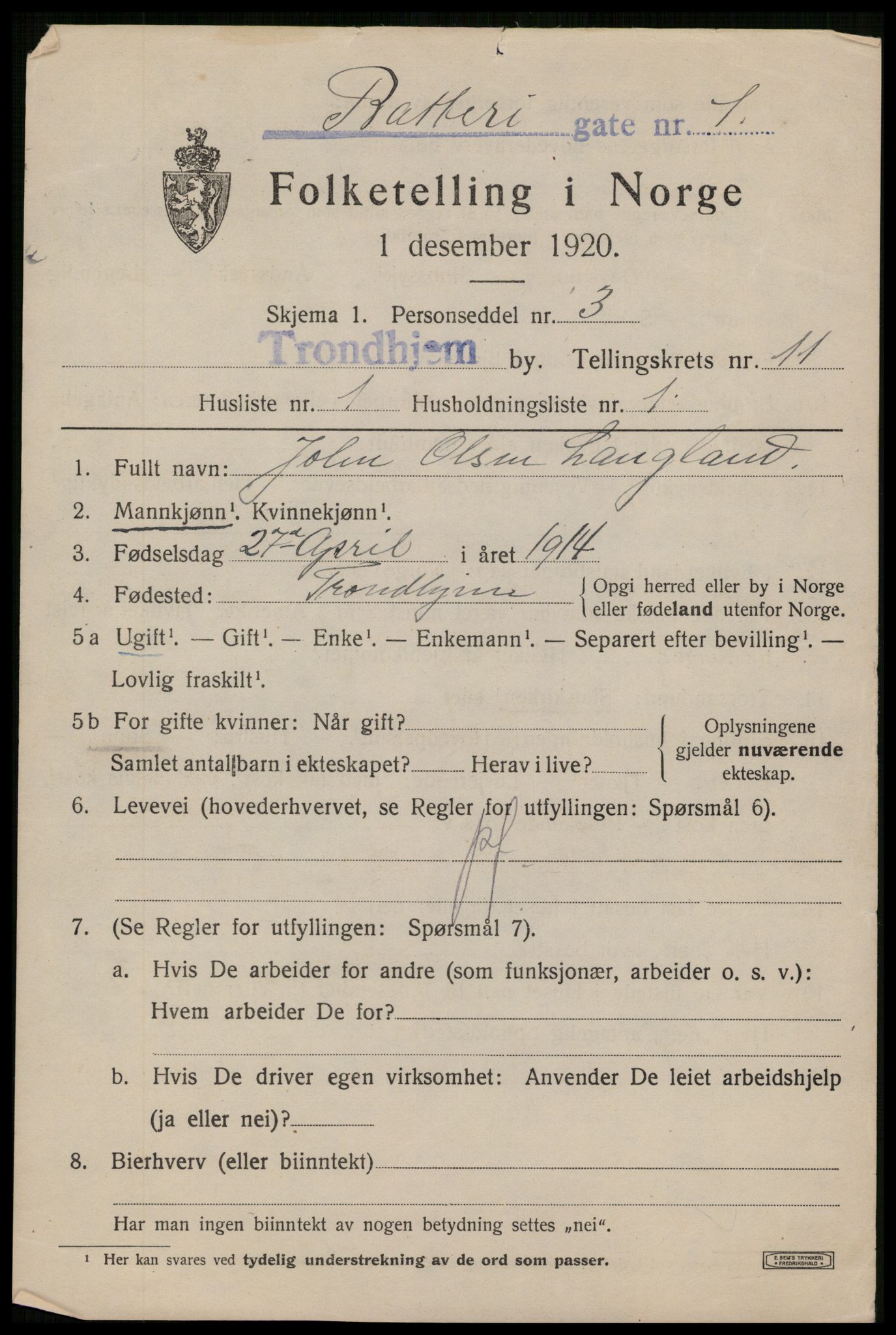 SAT, 1920 census for Trondheim, 1920, p. 46180