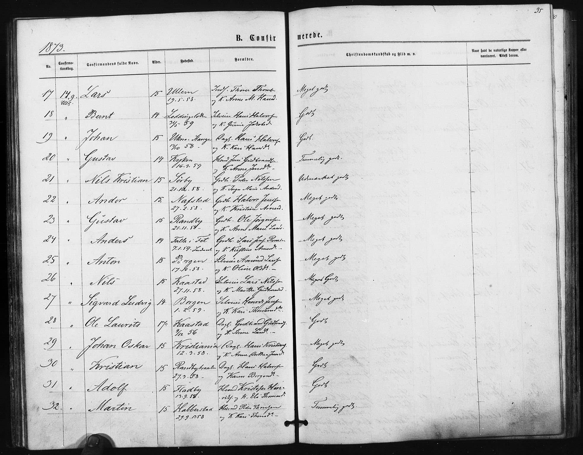 Ullensaker prestekontor Kirkebøker, SAO/A-10236a/F/Fa/L0017: Parish register (official) no. I 17, 1871-1875, p. 35