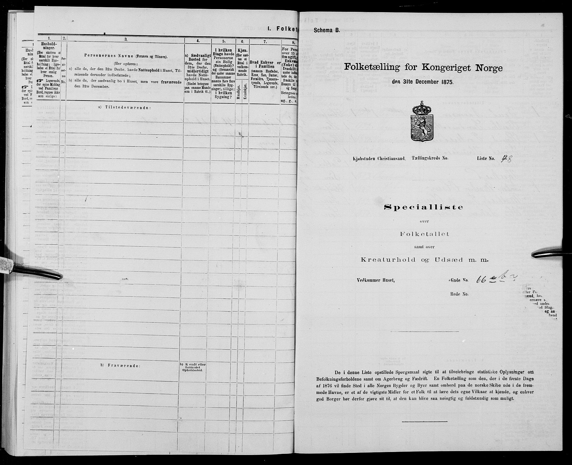 SAK, 1875 census for 1001P Kristiansand, 1875, p. 279