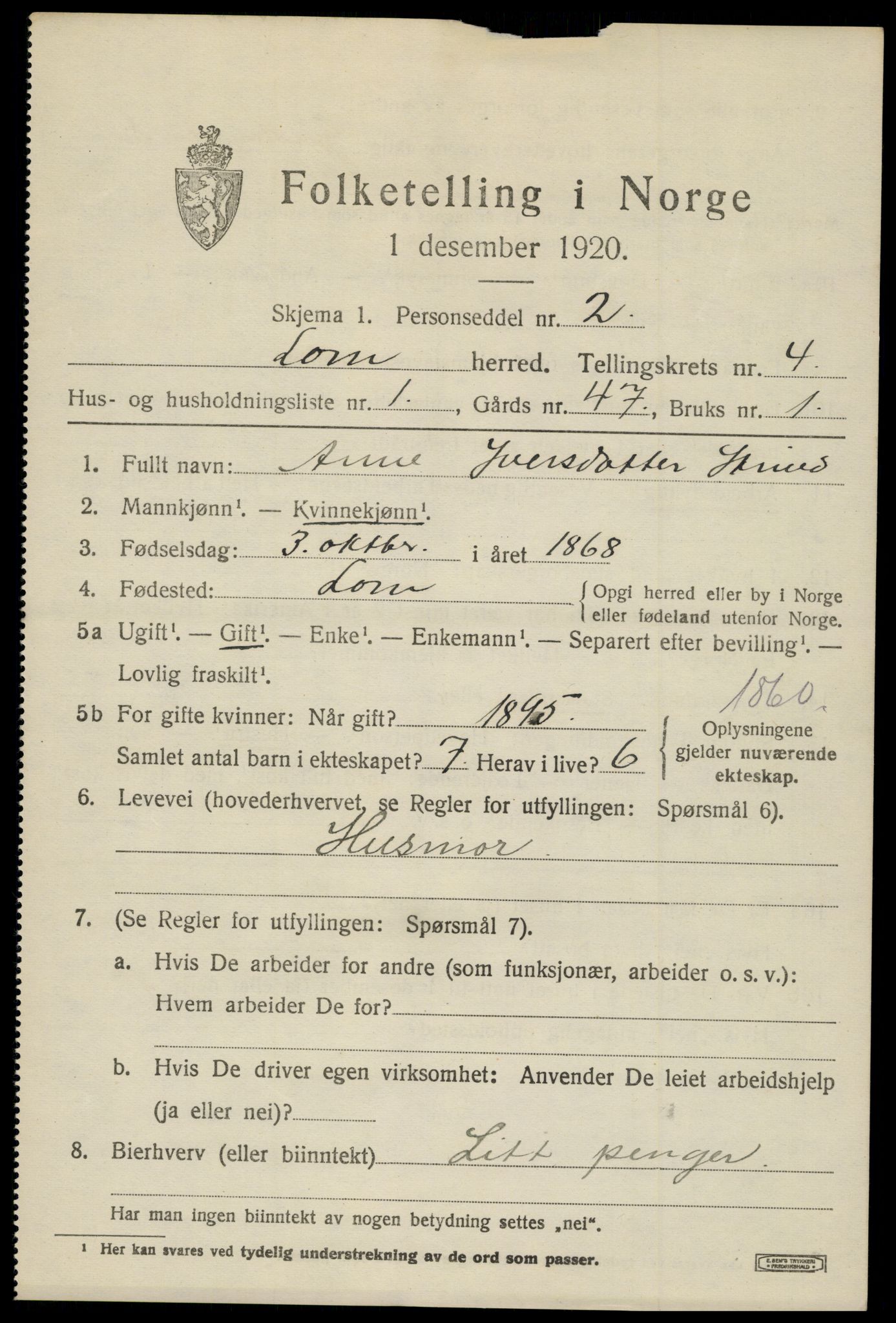 SAH, 1920 census for Lom, 1920, p. 2580