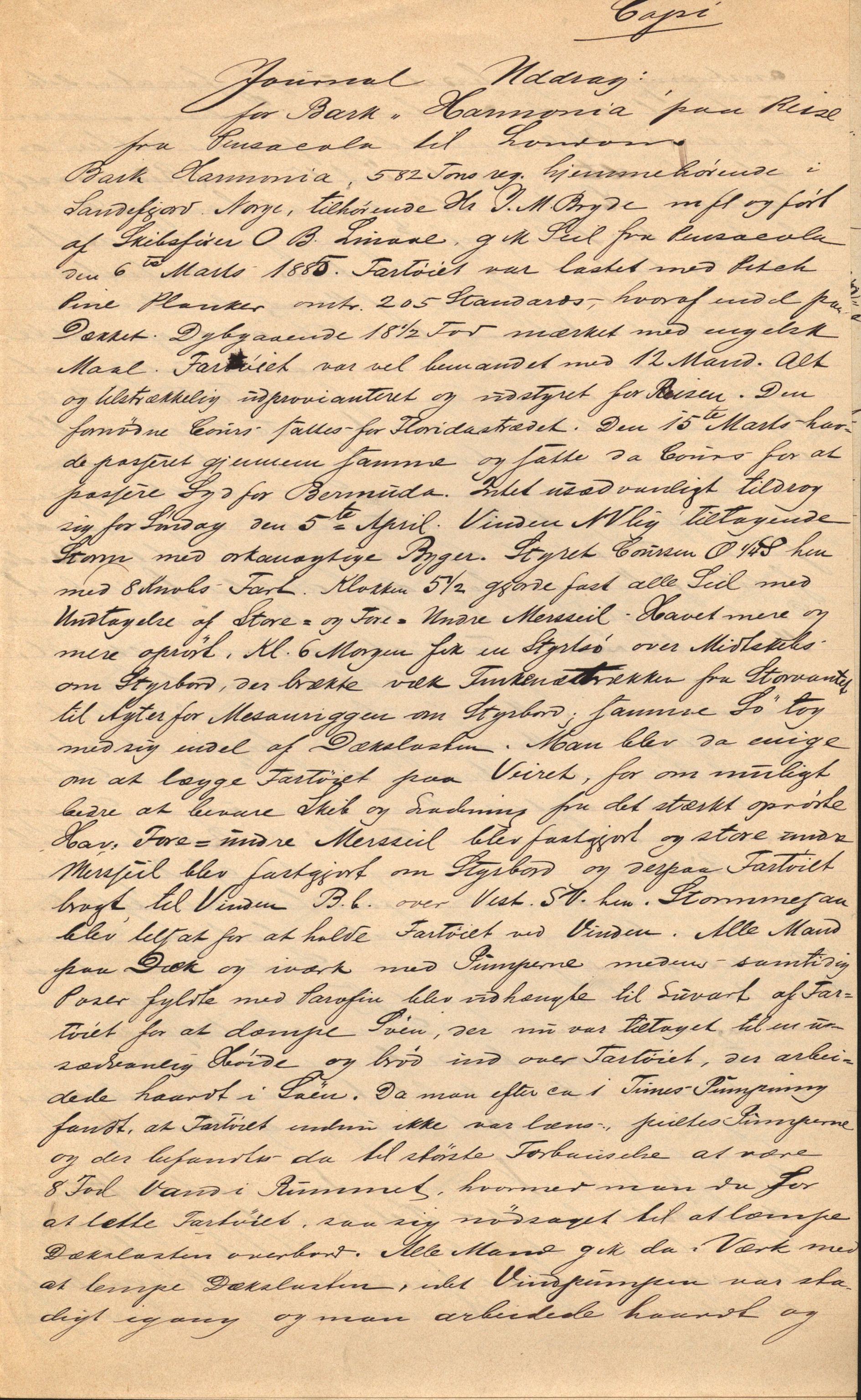 Pa 63 - Østlandske skibsassuranceforening, VEMU/A-1079/G/Ga/L0018/0006: Havaridokumenter / Johannes Rød, Harmonica, B.M. Width, Aron, Tre Brødre, 1885, p. 3