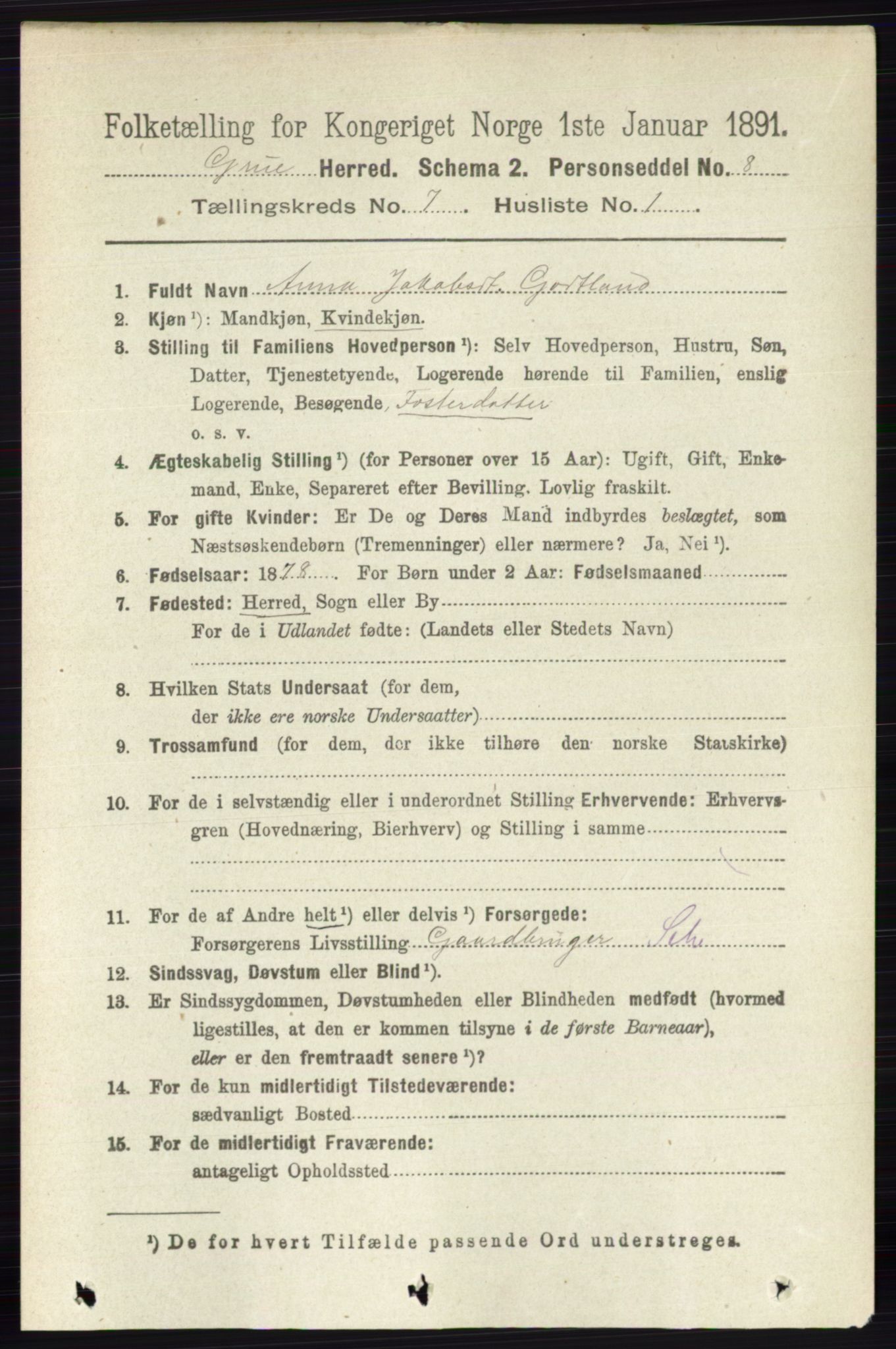 RA, 1891 census for 0423 Grue, 1891, p. 3574