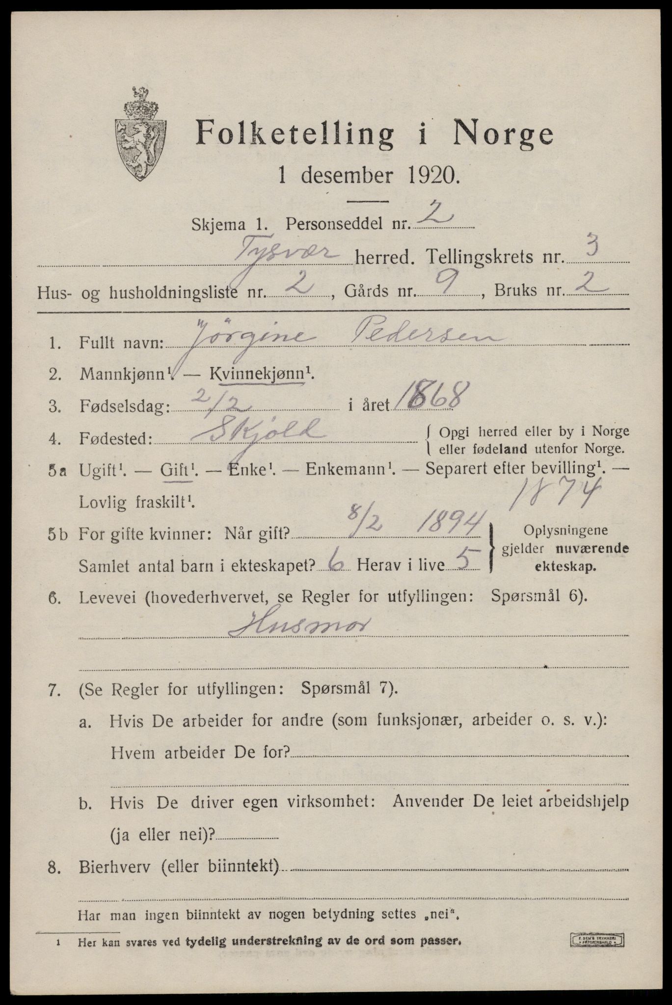 SAST, 1920 census for Tysvær, 1920, p. 1344