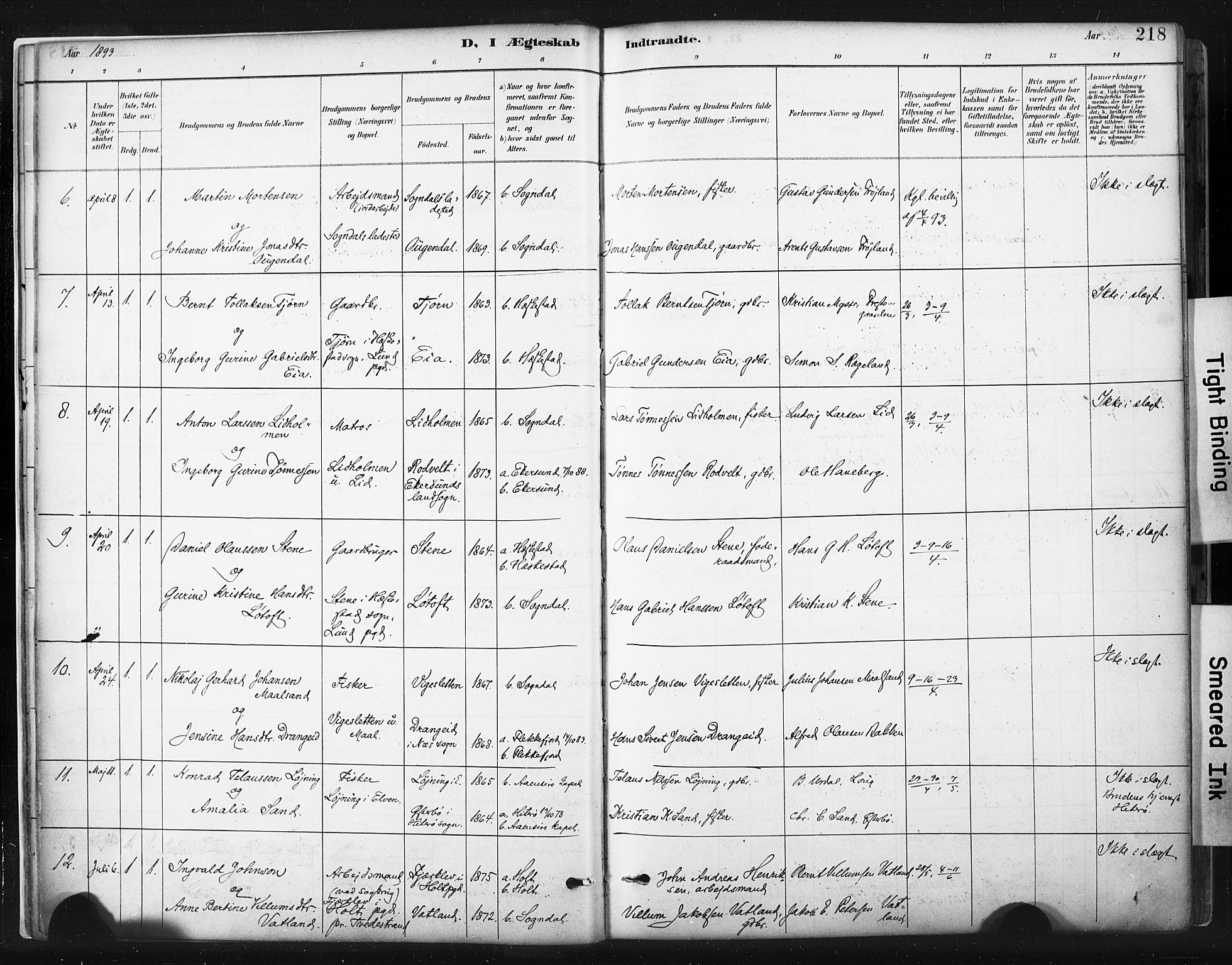 Sokndal sokneprestkontor, AV/SAST-A-101808: Parish register (official) no. A 11.2, 1887-1905, p. 218