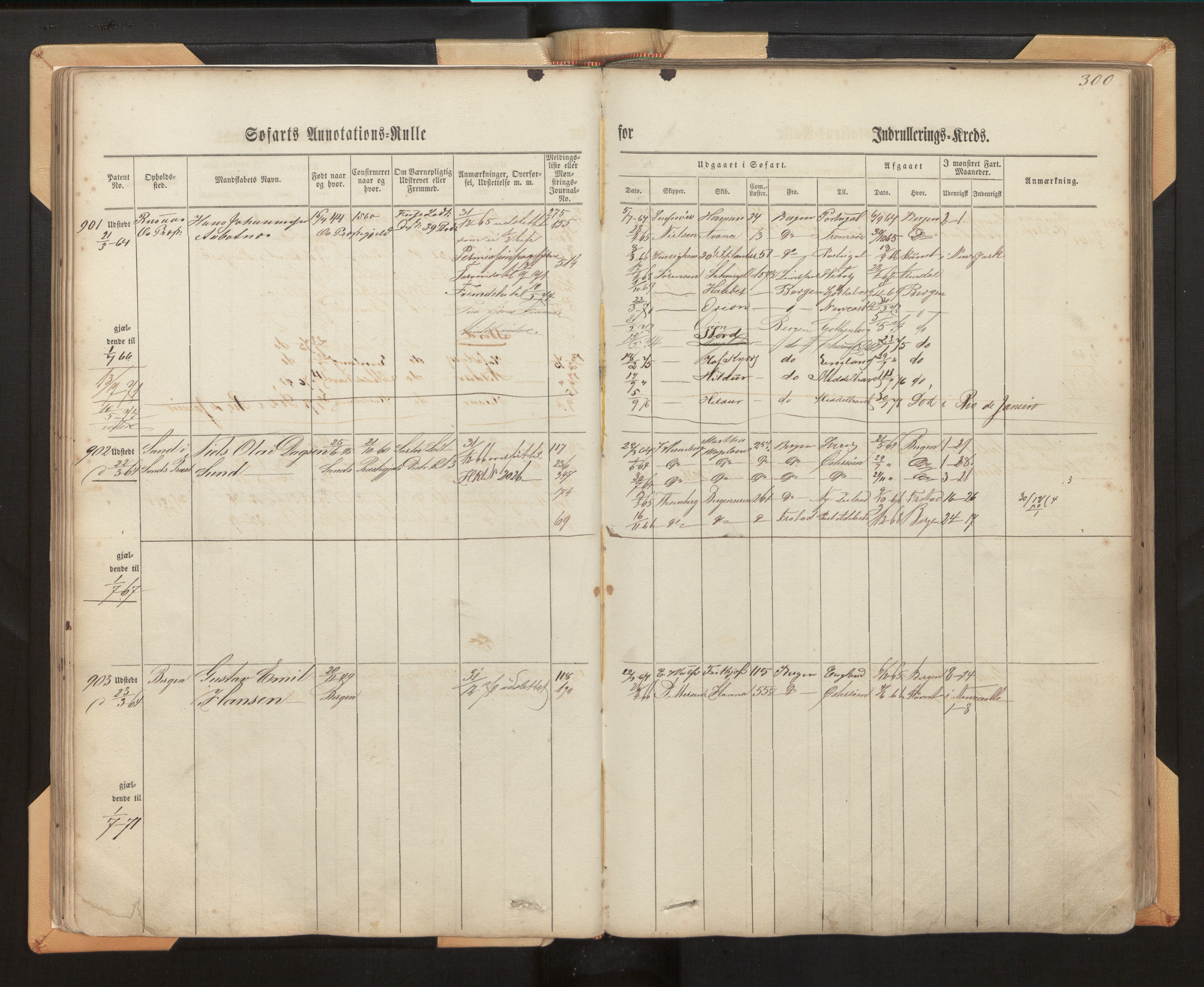 Innrulleringssjefen i Bergen, SAB/A-100050/F/Fh/L0006: Sjøfarts- og annotasjonsrulle for Bergen krets, fol. 239 - ut, 1860-1867, p. 300