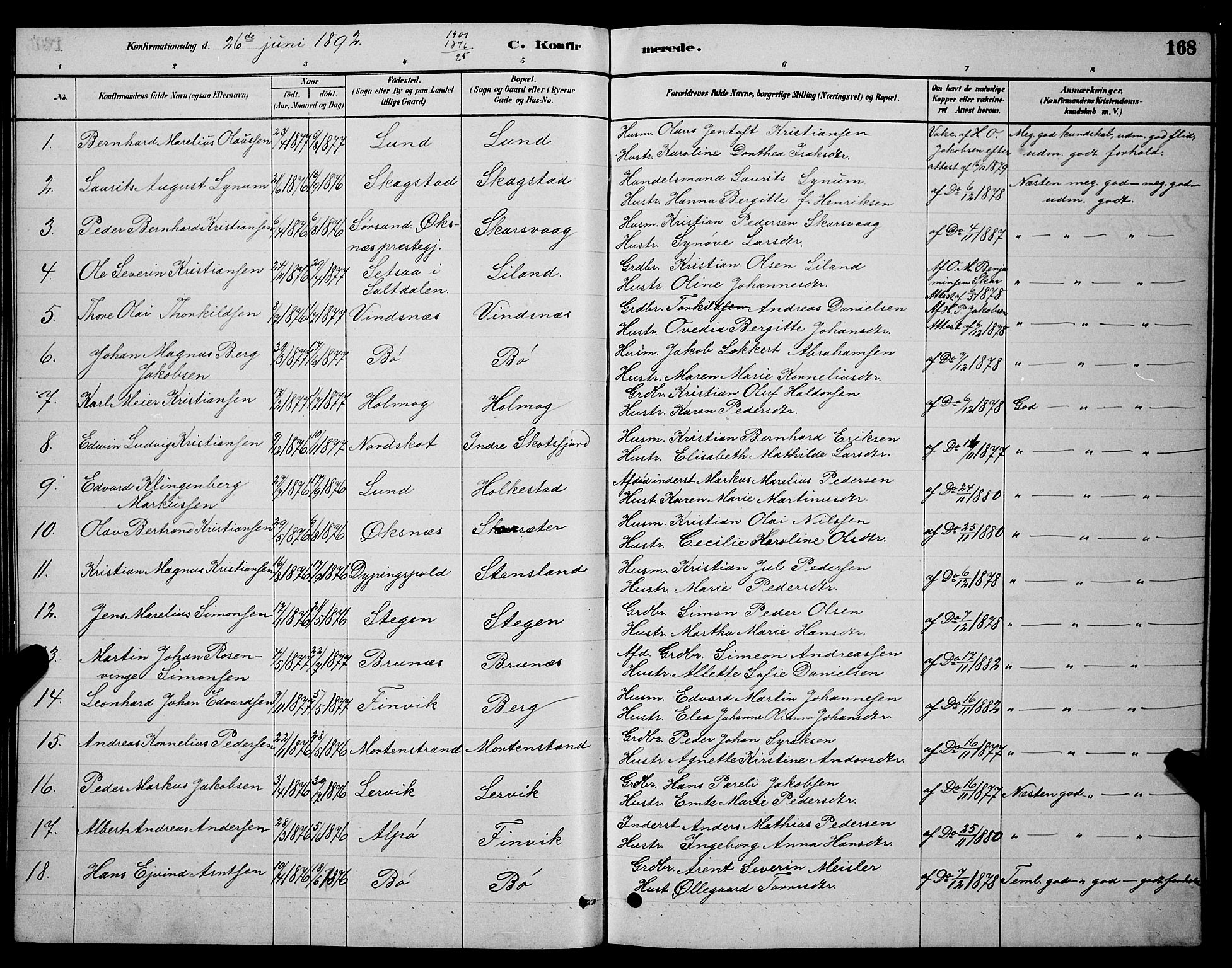 Ministerialprotokoller, klokkerbøker og fødselsregistre - Nordland, AV/SAT-A-1459/855/L0816: Parish register (copy) no. 855C05, 1879-1894, p. 168