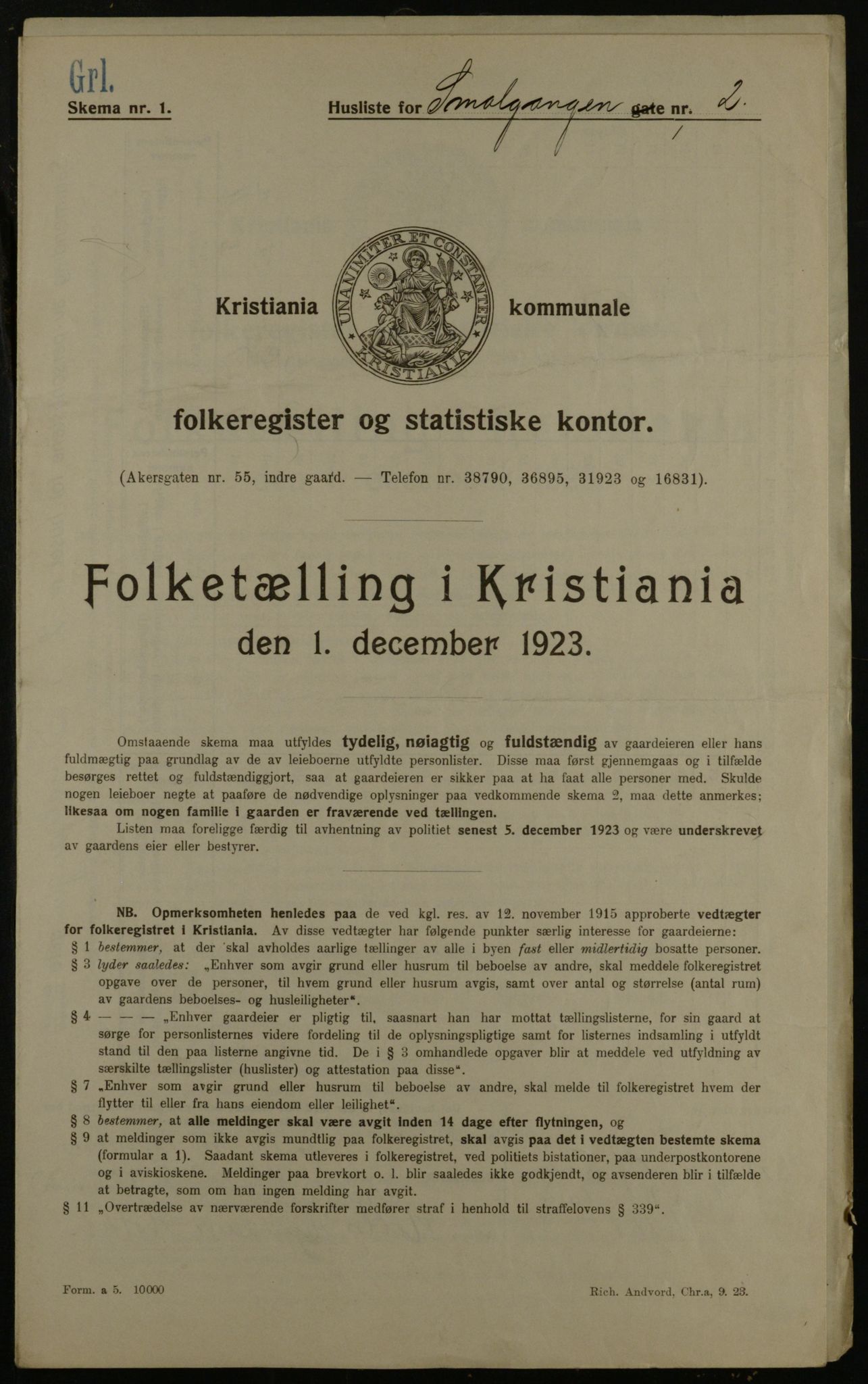 OBA, Municipal Census 1923 for Kristiania, 1923, p. 107087